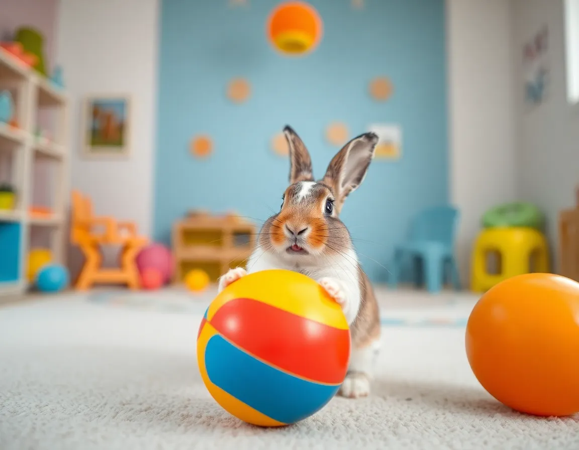 A delightful scene of a joyful rabbit playing with a colorful ball in a bright and cheerful playroom. The soft studio lighting accentuates the fluffiness of its fur and the vibrant hues of the ball. This image captures the essence of joy and playfulness in pets, inviting viewers to relish in the delightful antics of this adorable rabbit.