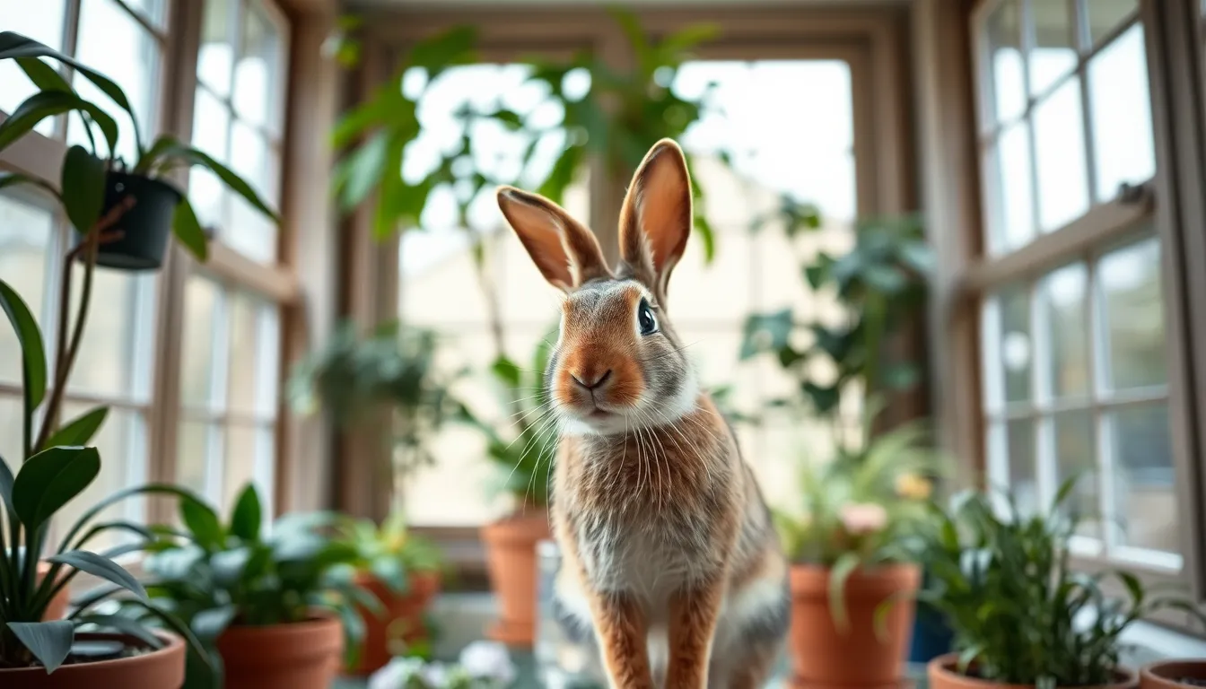 Rabbit in Cozy Indoor Garden A charming indoor scene where a rabbit explores a lush indoor garden filled with vibrant potted plants. The overcast lighting diffuses softly through large windows, illuminating the rabbit and bringing out the rich greens of the foliage. The organized composition creates a sense of tranquility, inviting viewers into this peaceful pet-friendly environment.