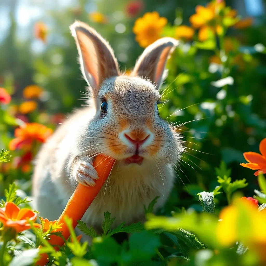 A delightful close-up image of a small rabbit nibbling on a vibrant carrot, set against the backdrop of a lush garden. The afternoon sunlight creates beautiful dappled highlights on the rabbit's fur, enhancing the fresh colors of the foliage. This image beautifully captures the playful nature of the rabbit and the rich texture of its surroundings.