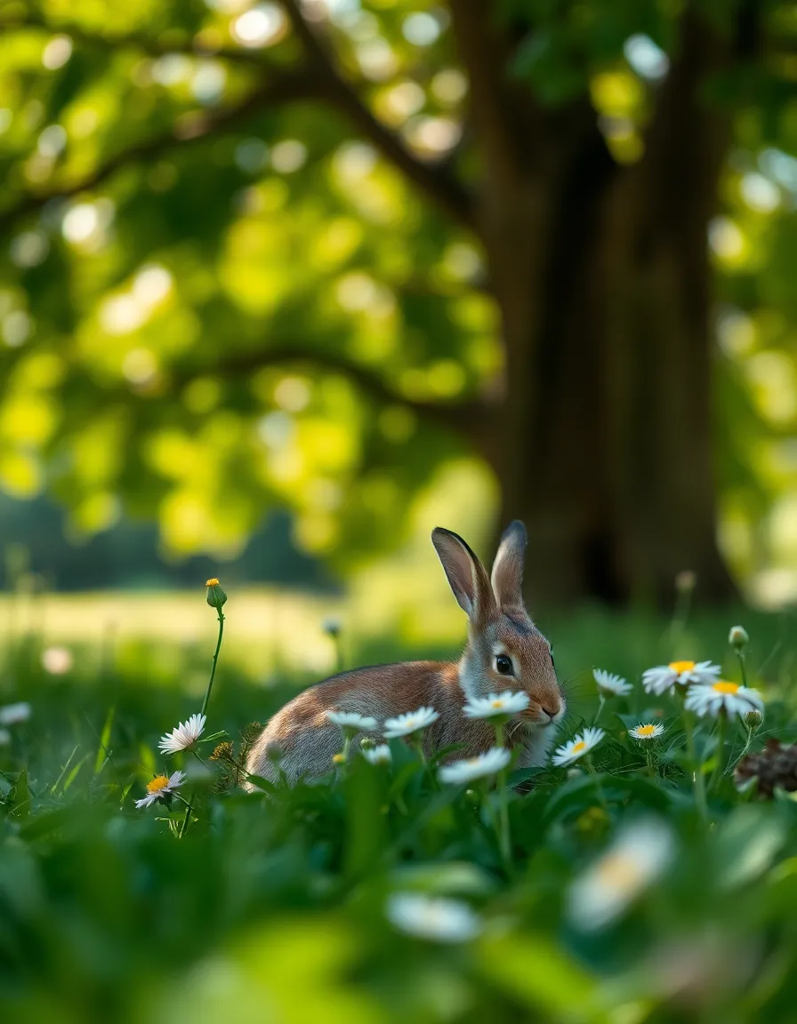 This vibrant image depicts a rabbit nestled amongst a field of colorful wildflowers, illuminated by dappled sunlight. The rich colors and soft focus enhance the serene environment, creating an inviting atmosphere. The leading lines of flower stalks guide the eye to the rabbit, which is perfectly camouflaged yet beautifully detailed amidst the floral backdrop, showcasing nature's art.