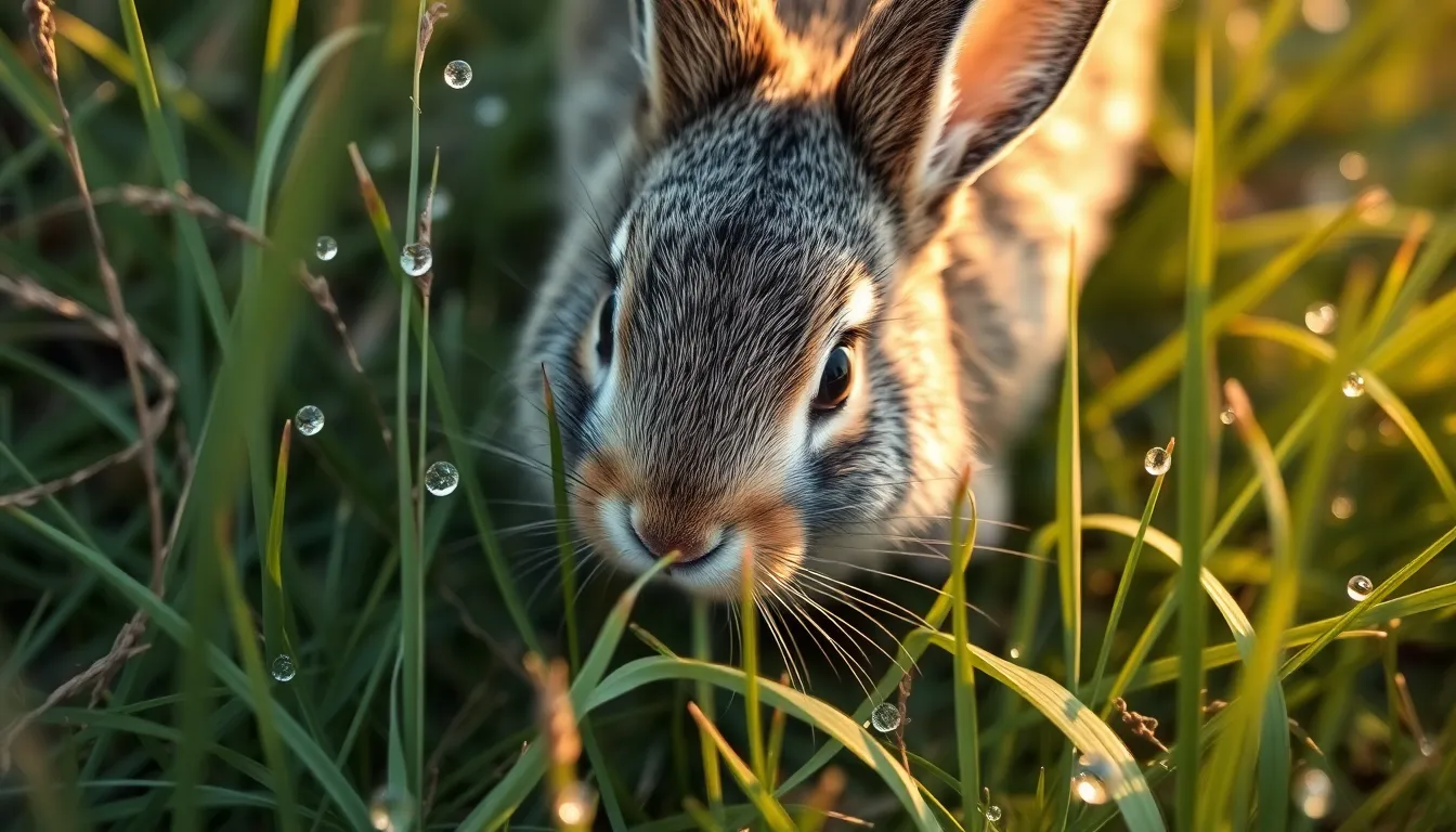 A rabbit is foraging in a lush green field, the morning dew glistening on grass blades around it. An overhead shot provides a unique perspective, revealing the intricate details of the rabbit's fur and the delicate droplets of dew. Soft muted tones encapsulate the freshness of the early morning, creating an inviting scene for nature enthusiasts. The sharp focus on both the rabbit and the grass adds depth to the composition, making the moment feel alive.