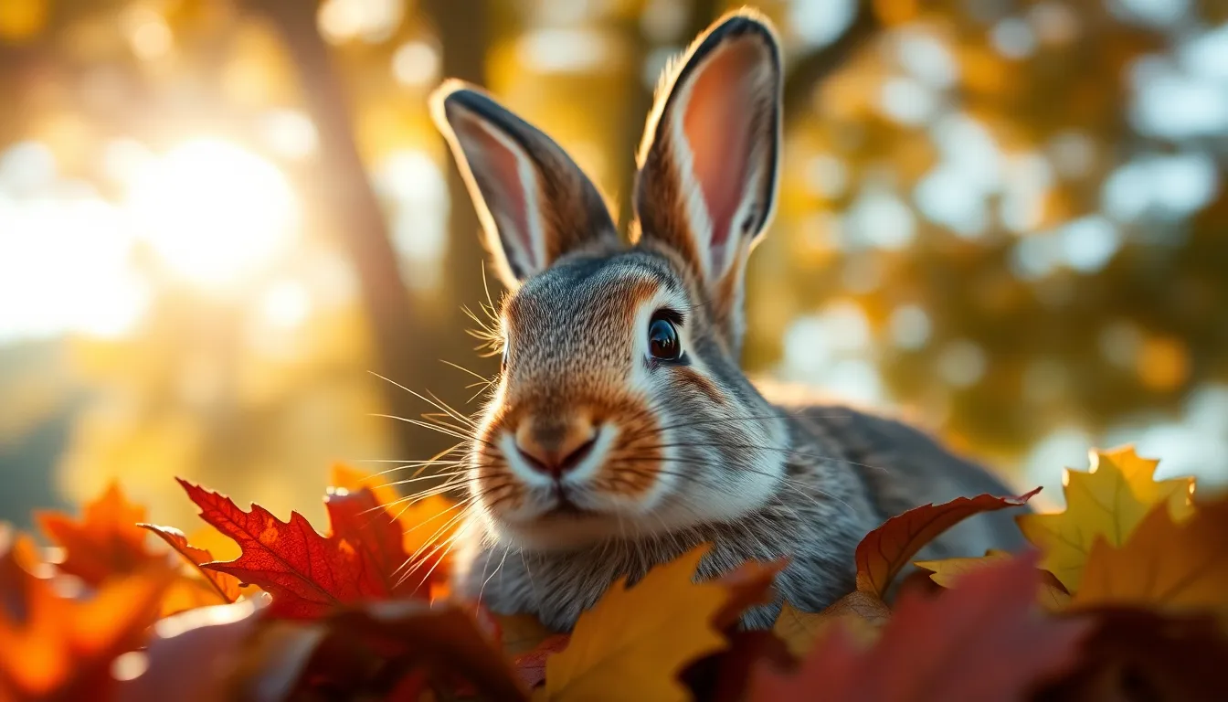Rabbit Among Autumn Leaves An adorable rabbit nestled amongst vibrant autumn leaves, captured in a soft, natural light environment. The warm tones of the leaves complement the rabbit's fur, creating a lively autumn portrait. Using a selective focus technique, the image draws the viewer’s attention to the rabbit’s expressive eyes while the colorful bokeh adds a dreamy quality to the scene.