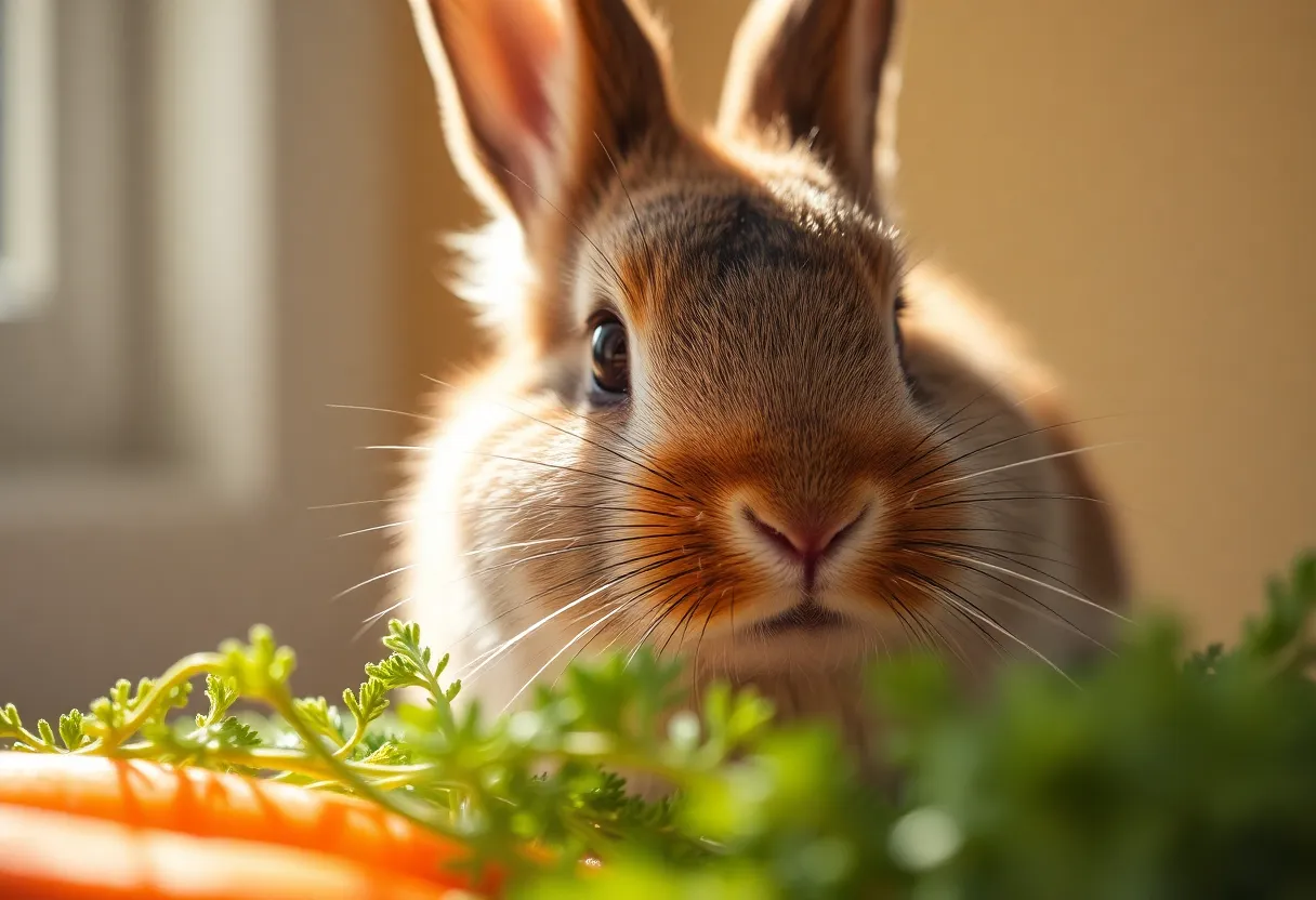 This macro photograph captures a rabbit curiously inspecting fresh carrots, beautifully illuminated by soft, natural window light. The intricate details of the rabbit's fur and whiskers are highlighted, inviting viewers to admire the beauty of this beloved pet. The desaturated yellows and browns create a harmonious palette, while the leading lines of carrot greens draw the viewer's attention to the rabbit's inquisitive expression.