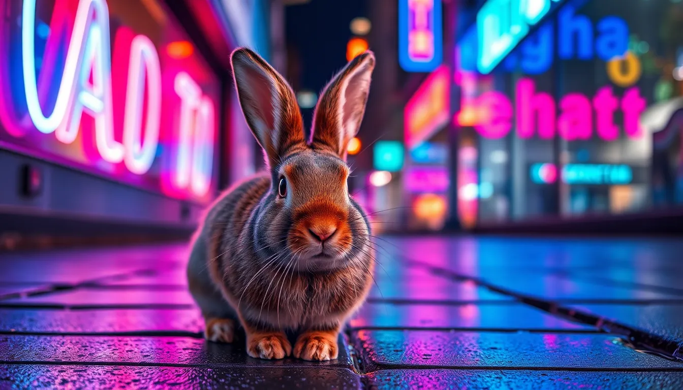 A striking urban scene captures a rabbit placed on a wet pavement, reflecting vibrant neon signs in blue and magenta hues. The macro lens reveals intricate details of the rabbit's fur alongside the colorful urban reflections. The hyperfocal sharpness keeps both foreground and background in focus, while the creative asymmetrical composition draws the eye through the wet street towards the rabbit. This lively contrast of nature against an urban backdrop conveys a unique charm.