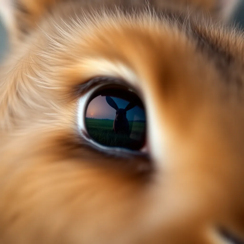 Close-Up of Rabbit's Eye An intimate close-up photograph of a rabbit's eye reveals the mesmerizing details and reflections of a grassy field. The surrounding fur glistens softly under controlled studio lighting, emphasizing texture and depth. With a shallow depth of field, the background fades away, drawing the viewer's attention purely to the rabbit's captivating gaze. This image captures the beauty of animal features, making it ideal for wildlife photography and pet lovers seeking to appreciate their companionship.