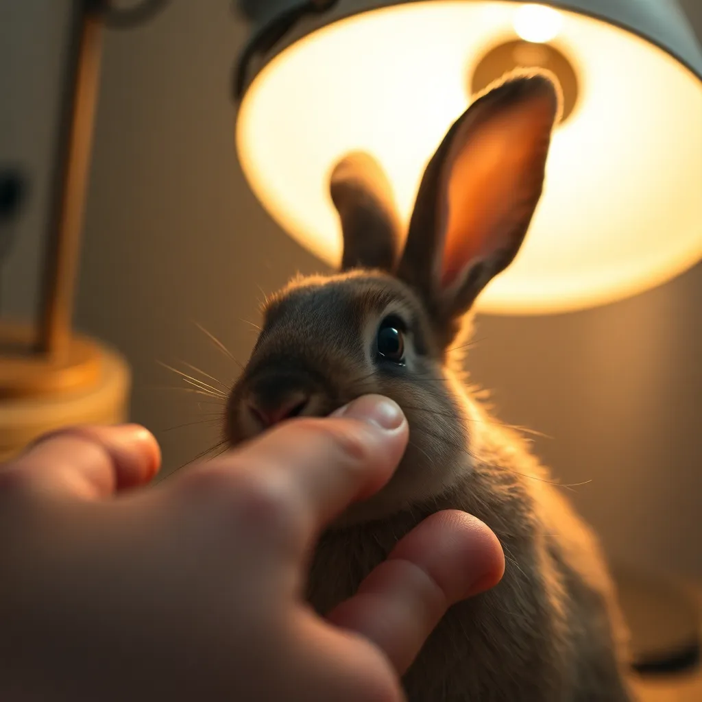 This intimate scene captures a hand gently petting a rabbit under warm tungsten lighting. The directional light creates a cozy atmosphere, enhancing the softness of both the rabbit's fur and the person's hand. The shallow depth of field softens the background, allowing all focus to remain on the tender interaction. Earthy, muted tones contribute to the warm and caring mood of the image, ideal for highlighting pet companionship.