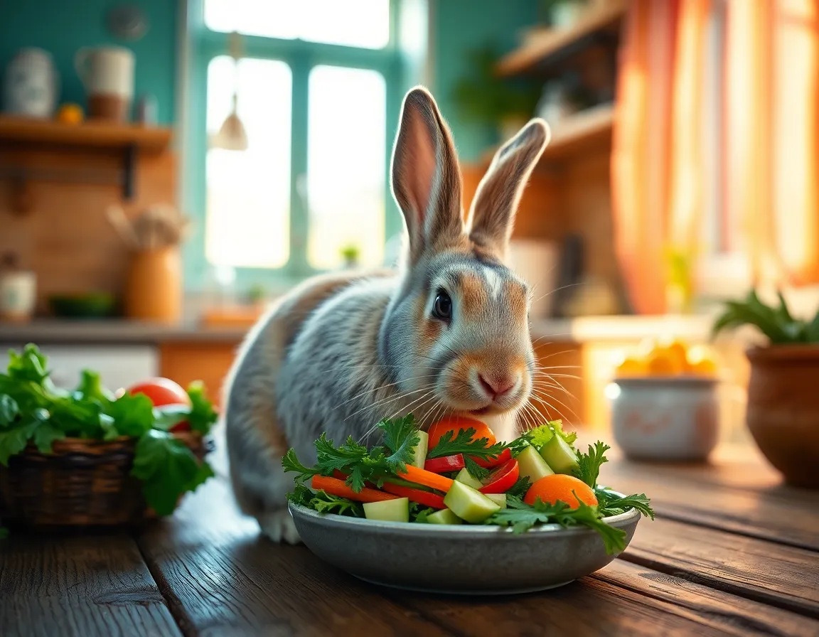 Rabbit Enjoying Fresh Vegetables A delightful scene of a rabbit enjoying a colorful medley of fresh vegetables in a sunlit kitchen. The soft lighting highlights the texture of its fur and the fresh, crisp quality of the vegetables laid out on a rustic wooden table. The cinematic teal and orange color grading adds a warmth that enhances the inviting atmosphere, as the composition centers on the rabbit's cheerful engagement with its surroundings.