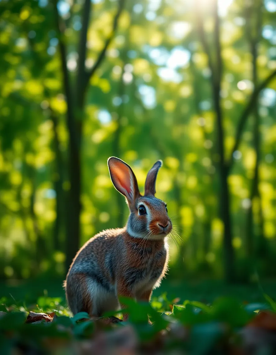 A lovely rabbit is captured in a sun-dappled forest, where dappled sunlight filters through the tree canopy, creating captivating bokeh effects. The cinematic teal and orange color grading adds a magical touch, making the scene feel vibrant yet tranquil. The rabbit's position along the rule of thirds draws the viewer's eye into the enchanting woodland setting, where textures of fur and leaves are beautifully rendered in sharp detail.