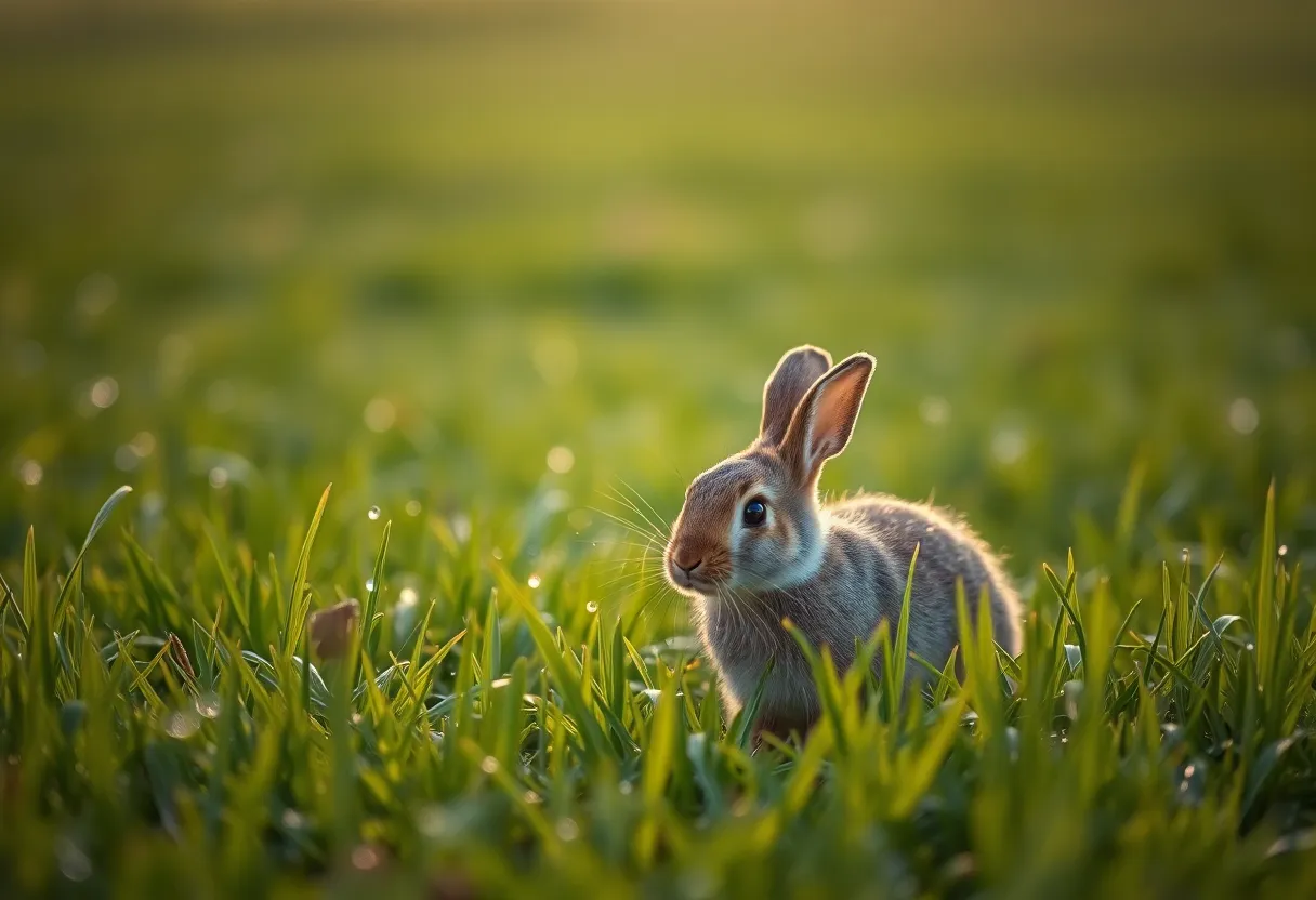 This delightful scene captures a playful rabbit frolicking in a dewy grass field at dawn. The morning light glimmers on droplets of dew, creating a sparkling effect that enhances the natural beauty of the environment. The carefully composed leading lines of the grass direct the viewer's gaze towards the rabbit, who is depicted in sharp focus amidst the lush greenery. This image embodies the freshness of a new day and the joy of wildlife.