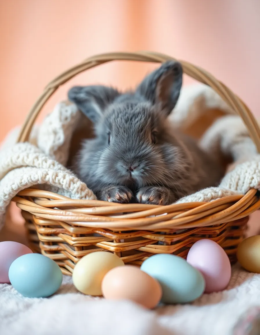 Rabbit Nestled in Basket with Easter Eggs This heartwarming image captures a fluffy grey rabbit snuggled comfortably in a cozy basket filled with soft blankets and pastel-colored Easter eggs. The ambient lighting casts a warm glow that enhances the textures of the basket and the rabbit's fur, creating a festive and inviting atmosphere. The shallow depth of field draws the viewer's focus on the rabbit while subtly blurring the background, perfecting the spring theme. Ideal for holiday-related content, this image embodies joy, tradition, and the spirit of Easter.