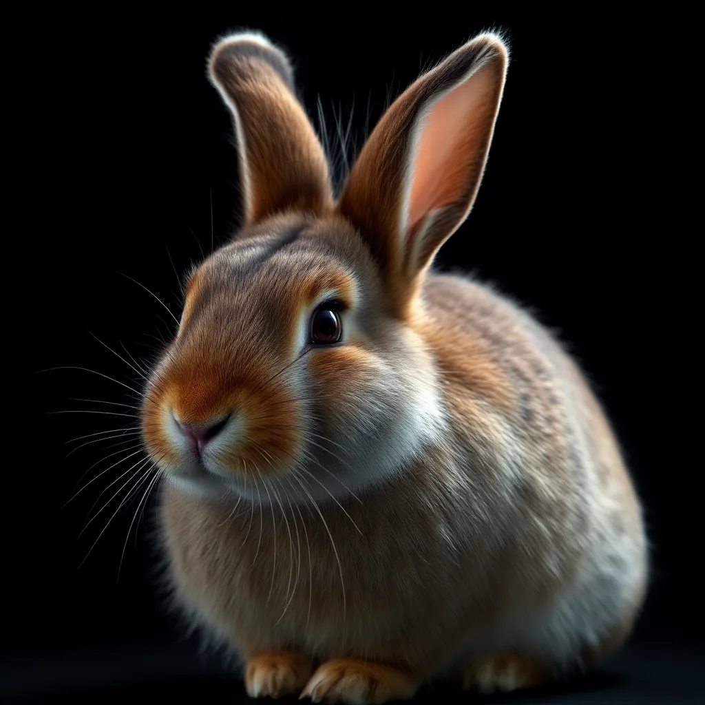 In this striking studio portrait, a rabbit with unique fur patterns stands against a dark backdrop, illuminated by soft, professional lighting. The careful studio setup highlights the rabbit’s features, creating soft shadows that enhance its delicate fur texture. The composition follows the rule of thirds, ensuring the rabbit remains the focal point while exuding a sense of sophistication and grace.