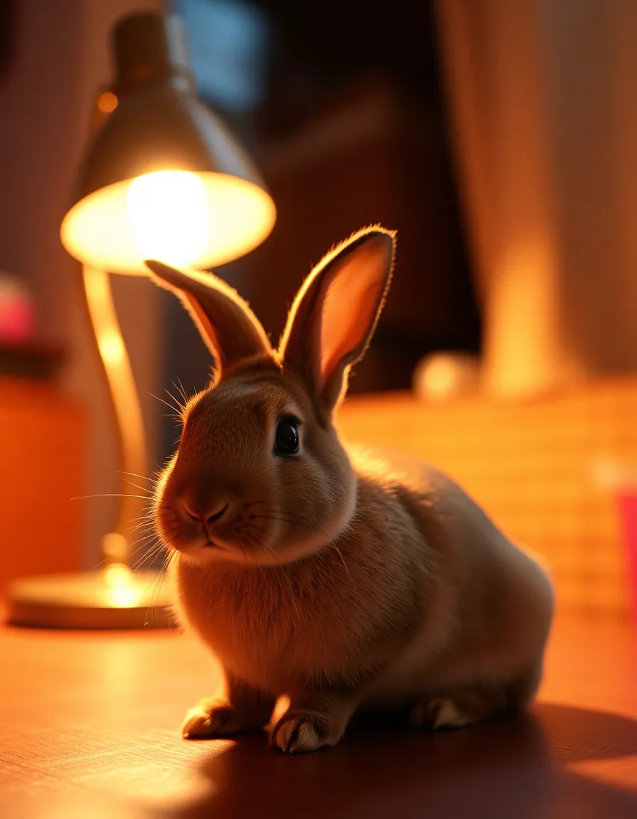 This intimate portrait features a rabbit perched on a luxuriously textured cushion, illuminated by the warm glow of a tungsten lamp. The photograph's cinematic teal and orange color grading lends a cozy atmosphere, enhancing the soft tones of the rabbit's fur. Carefully composed using the rule of thirds, the image invites viewers to appreciate the comfort of home and the companionship of pets.