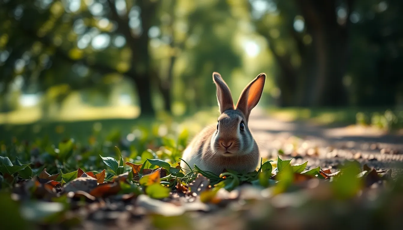 This captivating image showcases a rabbit concealed amidst rich green foliage, illuminated by dappled sunlight that creates a magical atmosphere. The selective focus draws attention to the rabbit's expressive eyes, while the surrounding bokeh enhances the sense of depth in the forest setting. The vibrant earth tones and saturated colors create an enchanting mood, inviting viewers into this serene natural habitat.
