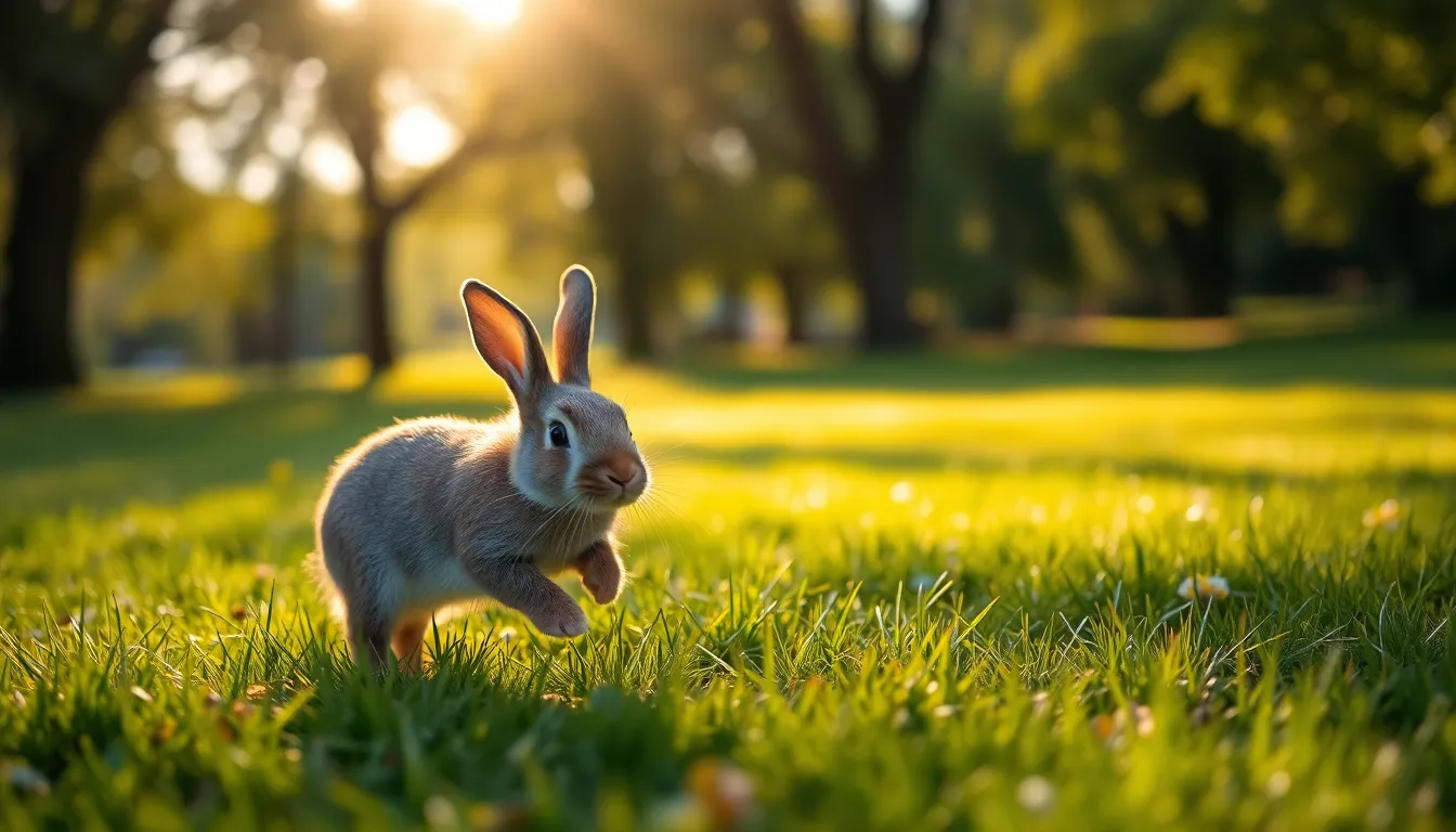 Playful Rabbit in Sunlit Park A playful rabbit hops across a sunlit grassy area within a scenic park, illuminated beautifully by dappled sunlight filtering through the trees. The warm golden tones and soft greens create a tranquil atmosphere, while the shallow depth of field draws focus to the rabbit as it interacts with its surroundings. The leading lines of grass guide the viewer's eye toward the joyful subject, capturing a fleeting moment of nature's charm.