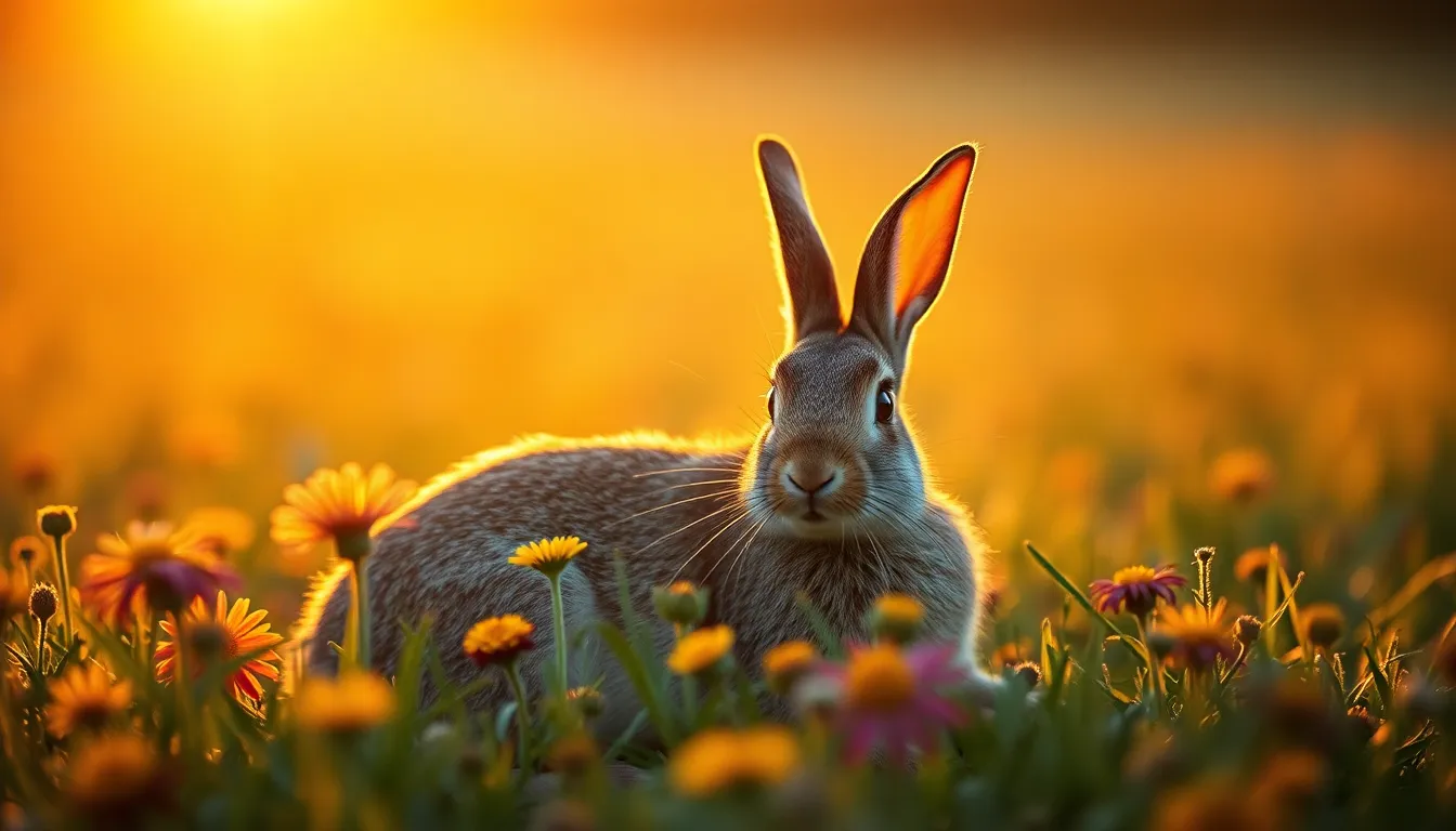 In this picturesque scene, a rabbit relaxes amidst a vibrant field of wildflowers during golden hour. Backlighting creates a stunning warm rim light around its fluffy fur, enhancing the overall atmosphere of this serene moment. The image captures the intricate colors of the flowers and the soft green background, all while keeping the rabbit in sharp focus. This harmonious setting represents the beauty of wildlife and the tranquility of nature.