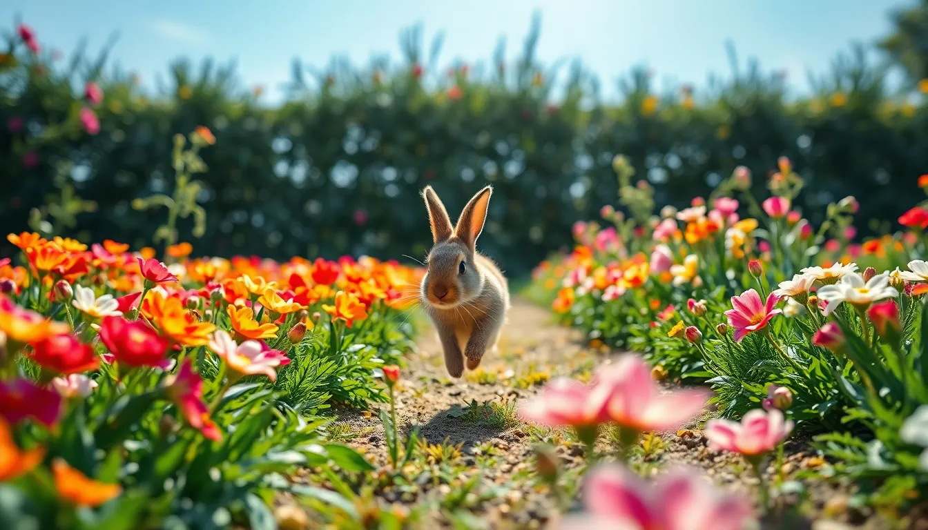 Bunny Hopping Through Flower Garden A delightful bunny hops joyfully through a vibrant flower garden, surrounded by a kaleidoscope of colors on a bright sunny day. The clear sunlight sharply illuminates the flowers and the bunny's fur, creating a lively atmosphere. Utilizing hyperfocal distance, the image showcases intricate details of both the rabbit and its floral surroundings. This scene encapsulates the spirit of spring and the playful nature of pets, making it perfect for animal lovers and gardening enthusiasts alike.