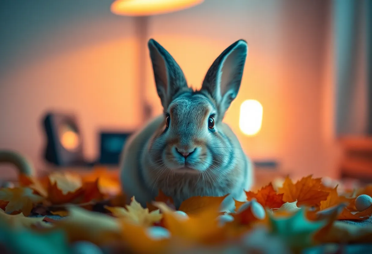 This captivating image captures a rabbit sitting amidst a beautiful scatter of autumn leaves, illuminated by a warm tungsten lamp. The warm and cool tones create a cinematic feel, enhancing the contrast between the rabbit's fur and the colorful leaves. The selective focus on the rabbit’s expressive eyes draws viewers in, while the soft bokeh in the background adds a dreamy quality to the scene.