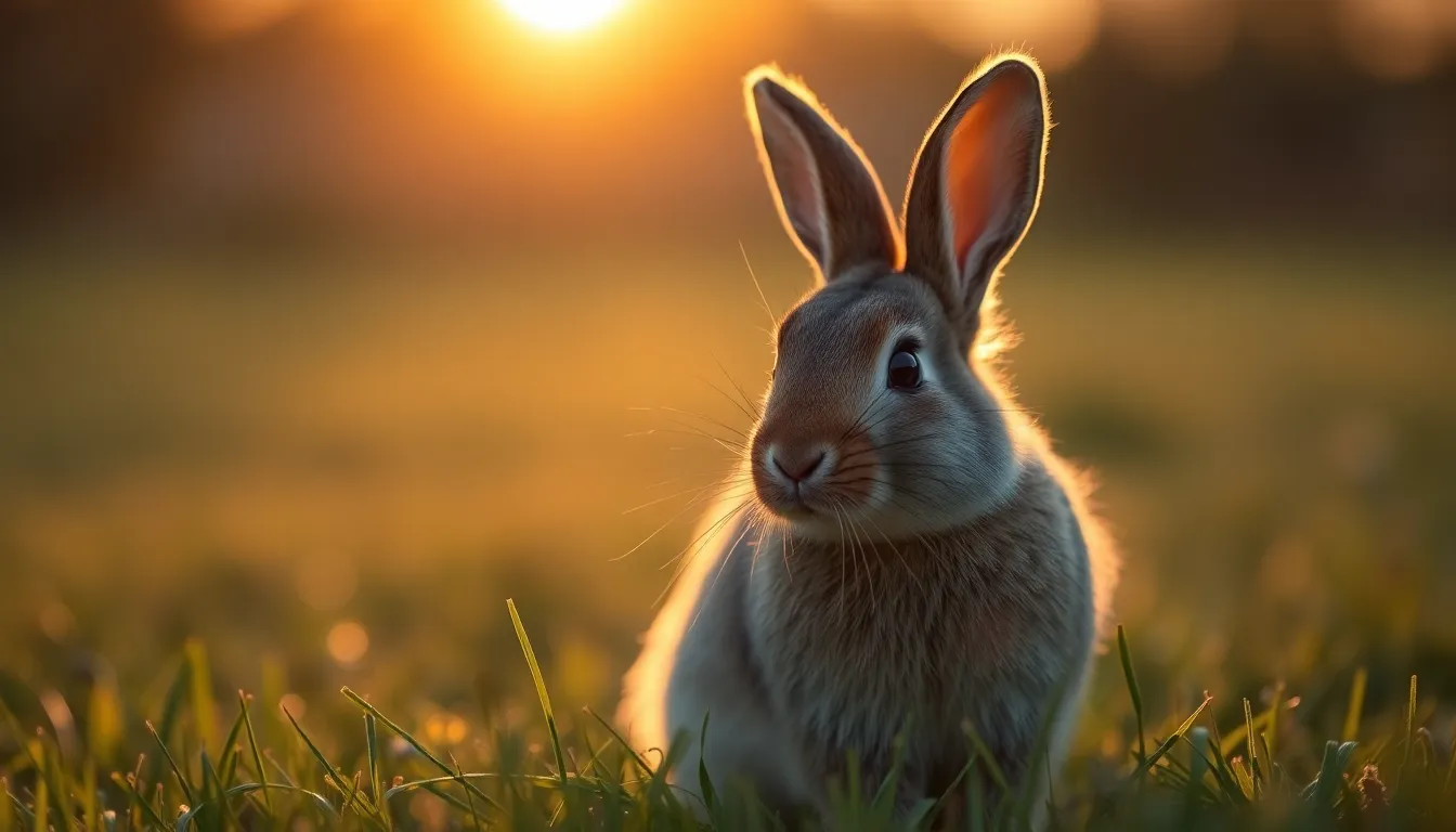 Warm Sunset Rabbit in Meadow A serene scene featuring a fluffy rabbit resting in a lush green meadow during golden hour. The warm backlighting creates a beautiful glow around the rabbit, emphasizing its soft fur. The shallow depth of field draws attention to the rabbit, while the blurred greenery provides a peaceful background. The natural muted tones enhance the calm and warm atmosphere of the setting.