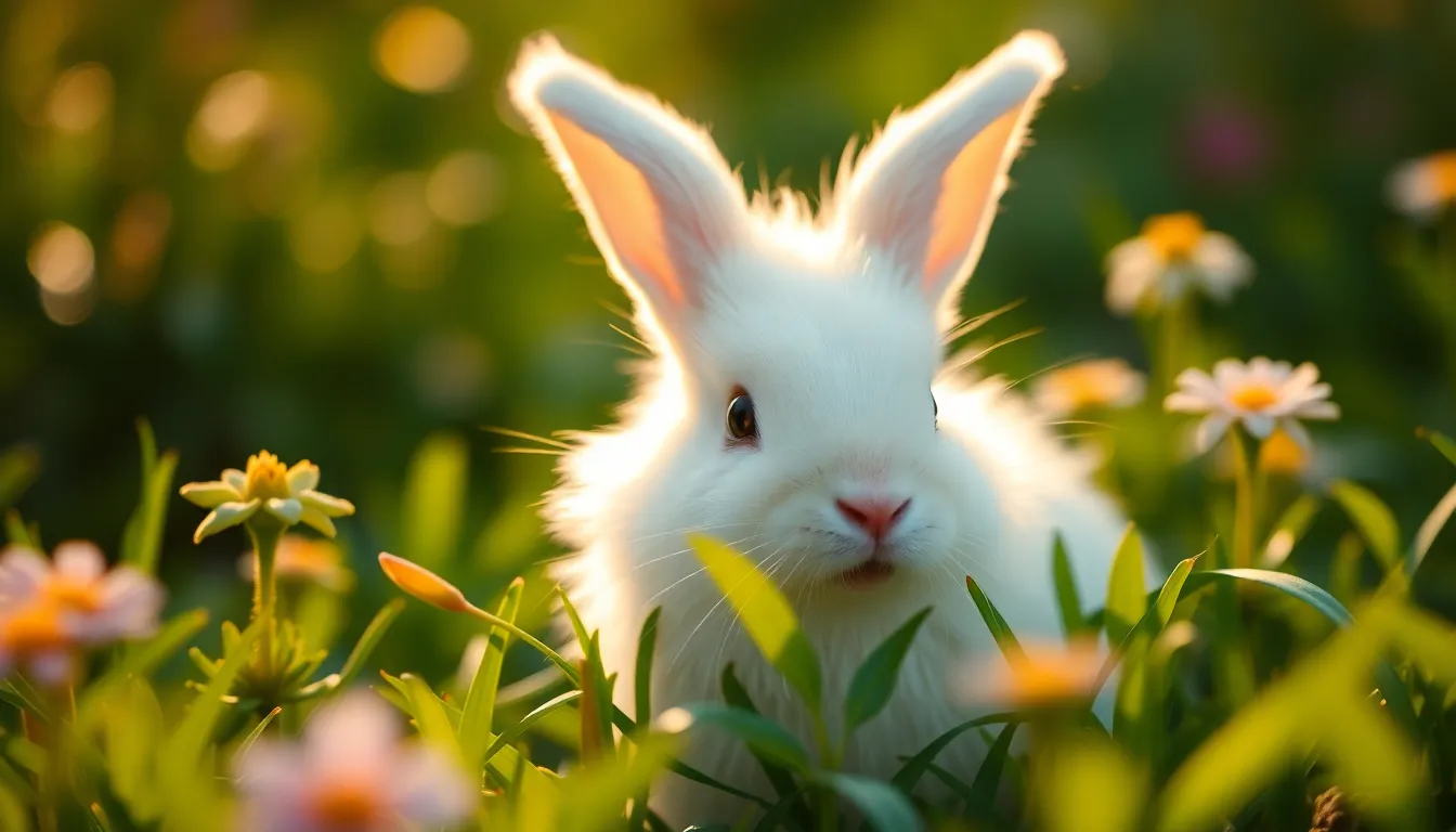 Fluffy White Rabbit in Garden A fluffy white rabbit sits gracefully in a lush green garden, bathed in the warm light of golden hour. Surrounded by vibrant blooming flowers, its soft fur contrasts beautifully against the bright greens of the foliage. The image captures the serene, peaceful mood of a relaxing garden scene, emphasizing the rabbit's playful expression with a blurred background that enhances its charm.