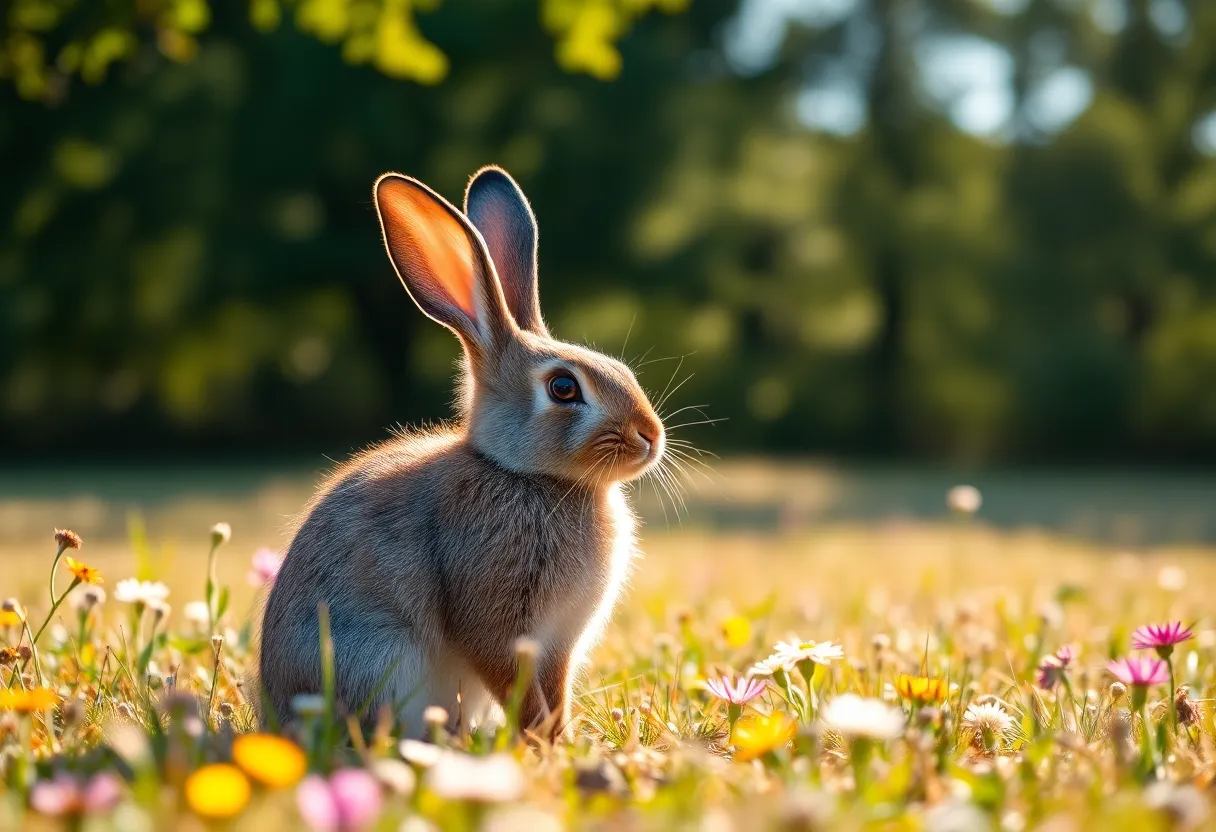 This striking image features a majestic rabbit standing alert in a sunlit field, surrounded by colorful wildflowers. The dappled sunlight creates interesting patterns on its fur, enhancing the details and the warm tones. The serene environment showcases the beauty of nature, highlighting the connection between the rabbit and its surroundings, while inviting the viewer into this tranquil scene.