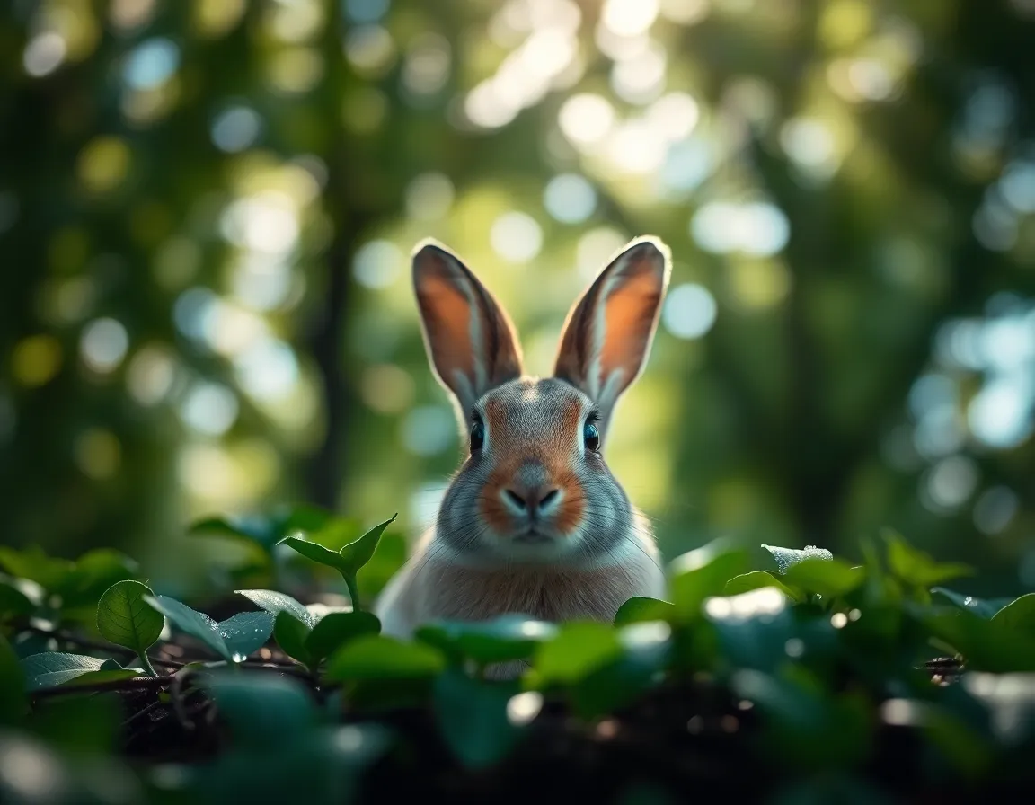 A rabbit is nestled cozily among vibrant green leaves under a tree, with dappled sunlight creating a magical atmosphere around it. The selective focus draws attention to the rabbit's glistening eyes while the lush foliage forms a beautifully blurred backdrop. The image captures the vibrant colors of nature, enhanced by the saturated hues characteristic of Fujifilm Velvia film. It showcases the charm of wildlife in a serene garden setting.