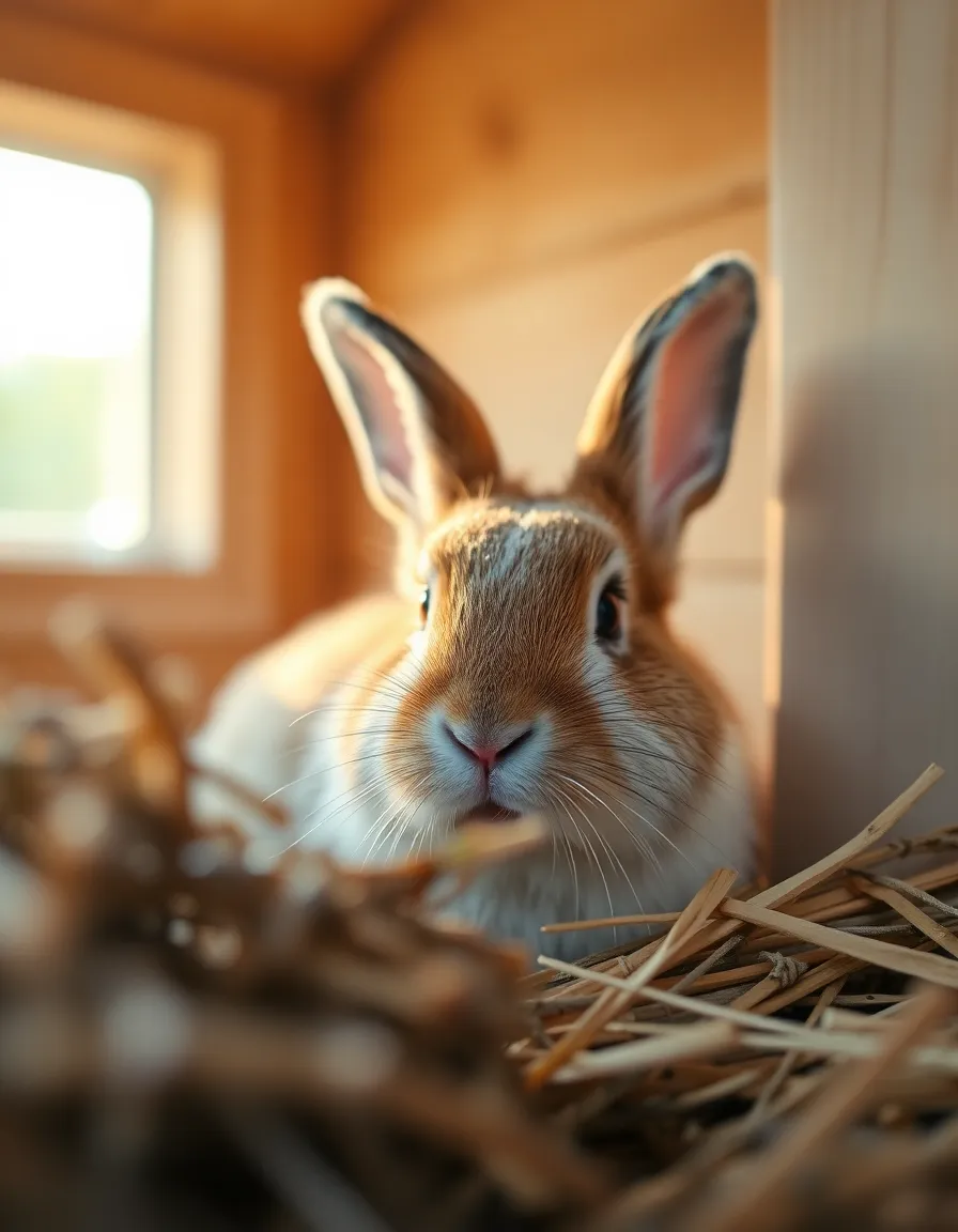 Rabbit Snuggled in Its Hutch A serene moment featuring a rabbit nestled comfortably in a cozy hutch, illuminated by soft morning light. The delicate dew on its fur catches the light beautifully, enhancing the warmth of this intimate scene. A gentle color palette of muted earth tones complements the soft textures of hay and wood, while the selective focus on the rabbit's eyes creates an inviting, cozy atmosphere that captures the essence of pet companionship.