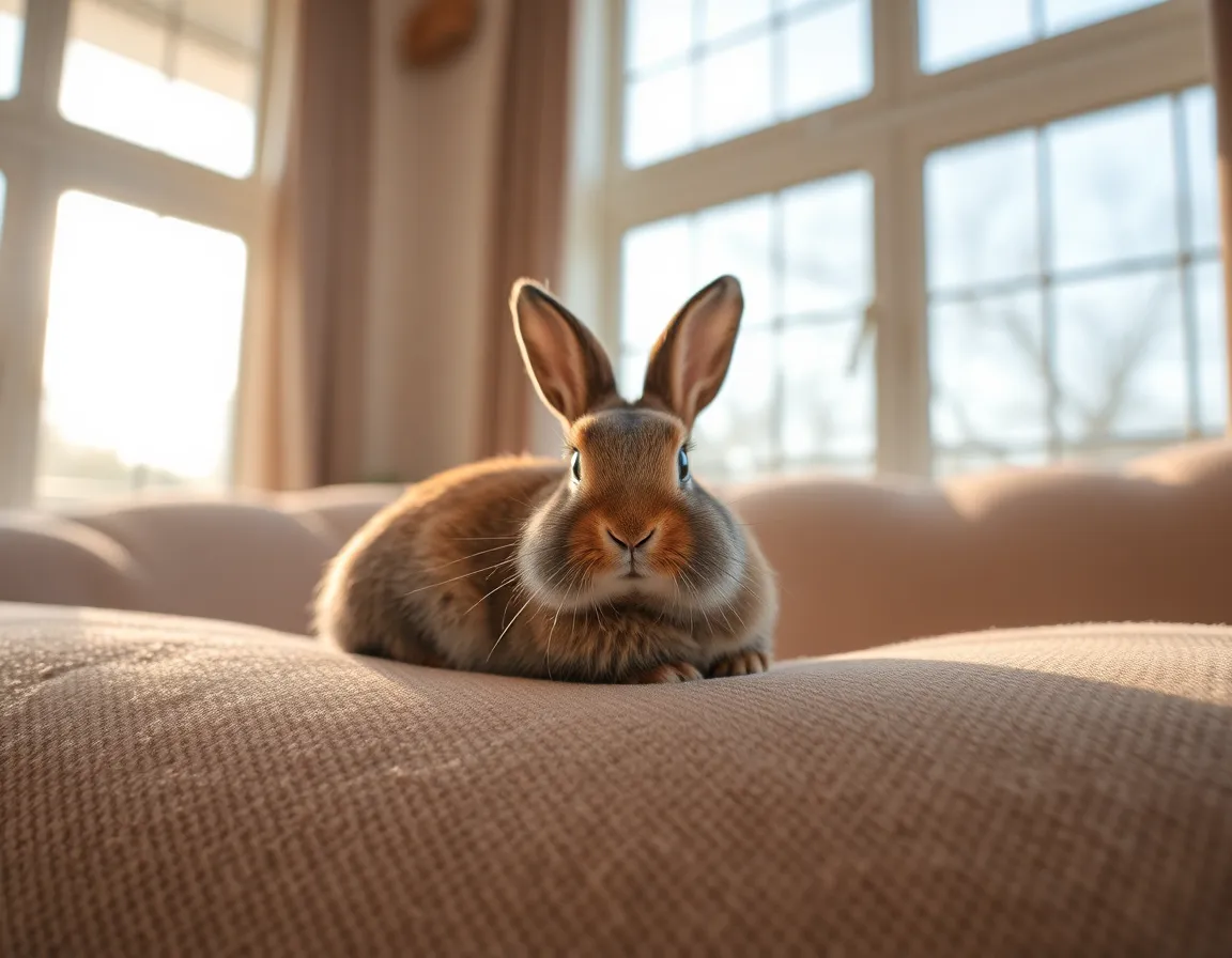 This serene image captures a rabbit lounging comfortably on a plush couch bathed in soft, diffused daylight. The natural light accentuates the bunny's fur and the rich texture of the couch, creating a cozy atmosphere. The hyperfocal distance keeps both the rabbit and the inviting living space in sharp focus. The muted color palette adds to the calm vibe of the scene, perfect for pet lovers.