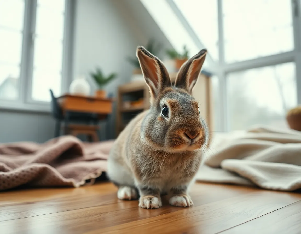 This captivating image showcases a rabbit perched on a rustic wooden table, surrounded by fresh vegetables. The soft, even light from an overcast sky accentuates the rabbit's expressive eyes and the natural textures of its fur. The muted earth tones lend a calm and organic feel to the composition, which is balanced with a centered symmetrical layout. This image evokes a sense of homeliness and appreciation for pet care.