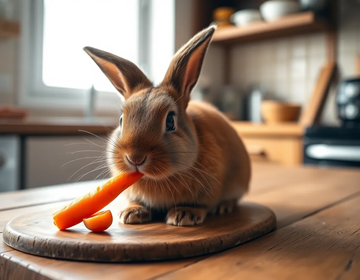 Brown Rabbit Nibbling Carrot on Table This enchanting image captures a charming brown rabbit playfully nibbling on a carrot positioned atop a rustic wooden table. Soft natural light filters in, casting gentle shadows that highlight the rabbit's textured fur. The blurred background of kitchen items creates a cozy, warm atmosphere, inviting viewers into the scene. Perfect for pet lovers and culinary enthusiasts alike, this photograph evokes a sense of homely comfort and playful curiosity.