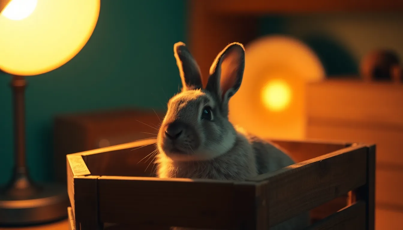 Rabbit in Vintage Crate A captivating indoor image of a rabbit resting comfortably in a vintage wooden crate, warmly lit by a tungsten desk lamp. The warm light creates an inviting ambiance, accentuating the textures of the rabbit’s fur and the worn wood. The shallow depth of field brings focus to the rabbit while softly blurring the surrounding environment, creating a cozy mood.