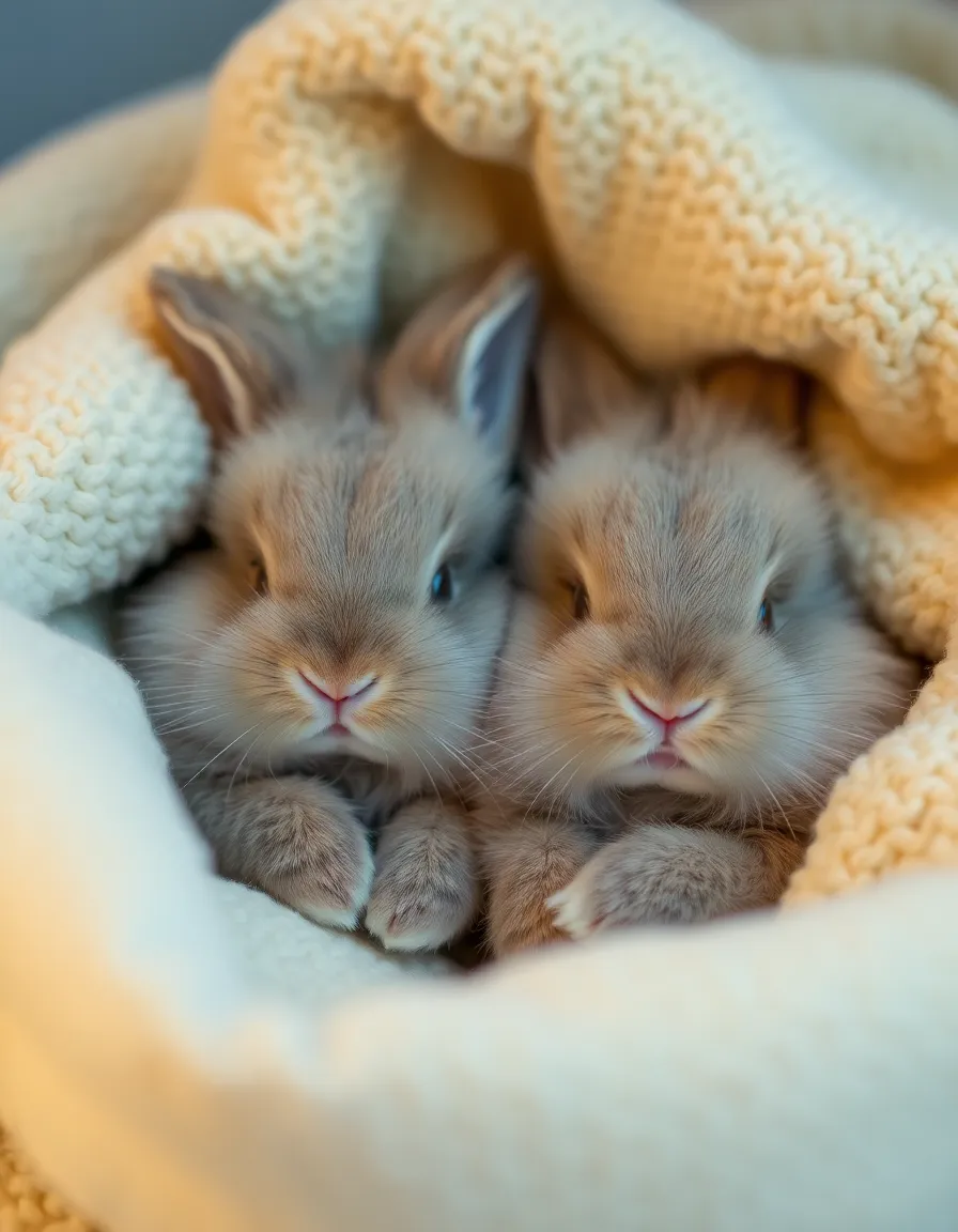 This heartwarming image illustrates two fluffy rabbits snuggled together in a cozy blanket, perfectly embodying warmth and comfort. The softbox lighting enhances the delicate textures of their fur, creating an inviting scene. The shallow depth of field ensures the focus remains on their adorable faces, while the soft bokeh adds a dreamy quality. With complementary colors of cream and gray, this image captures the essence of love and companionship found in pets, making it perfect for conveying warmth and affection.
