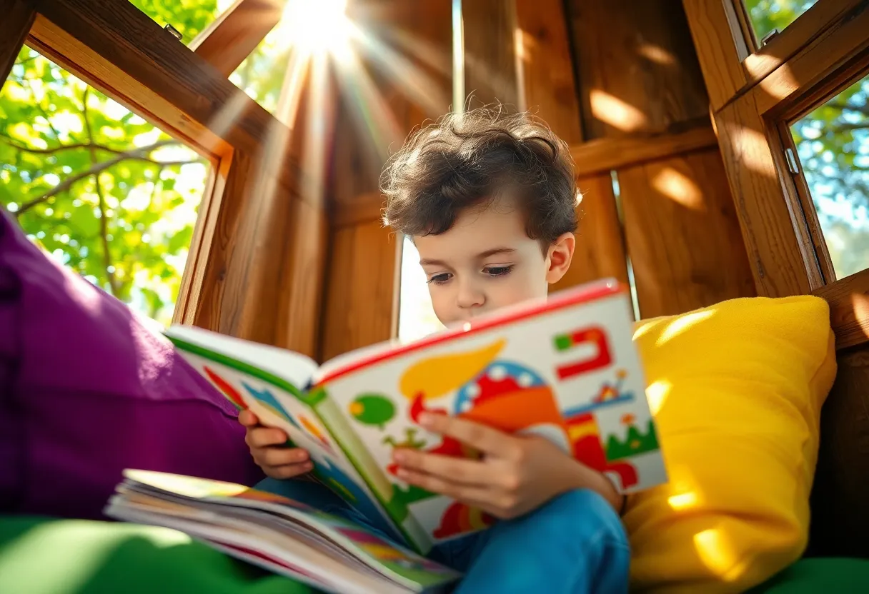 This enchanting image features a child absorbed in a colorful book within the cozy confines of a treehouse. Sunlight filters through tree branches, casting playful patterns of light on the scene, enhancing the sense of wonder. The child's joyful expression and the vibrant colors of the illustrated pages invite viewers into a magical world of imagination and adventure. Surrounded by soft cushions and natural wood, the treehouse setting adds a whimsical touch to the reading experience.
