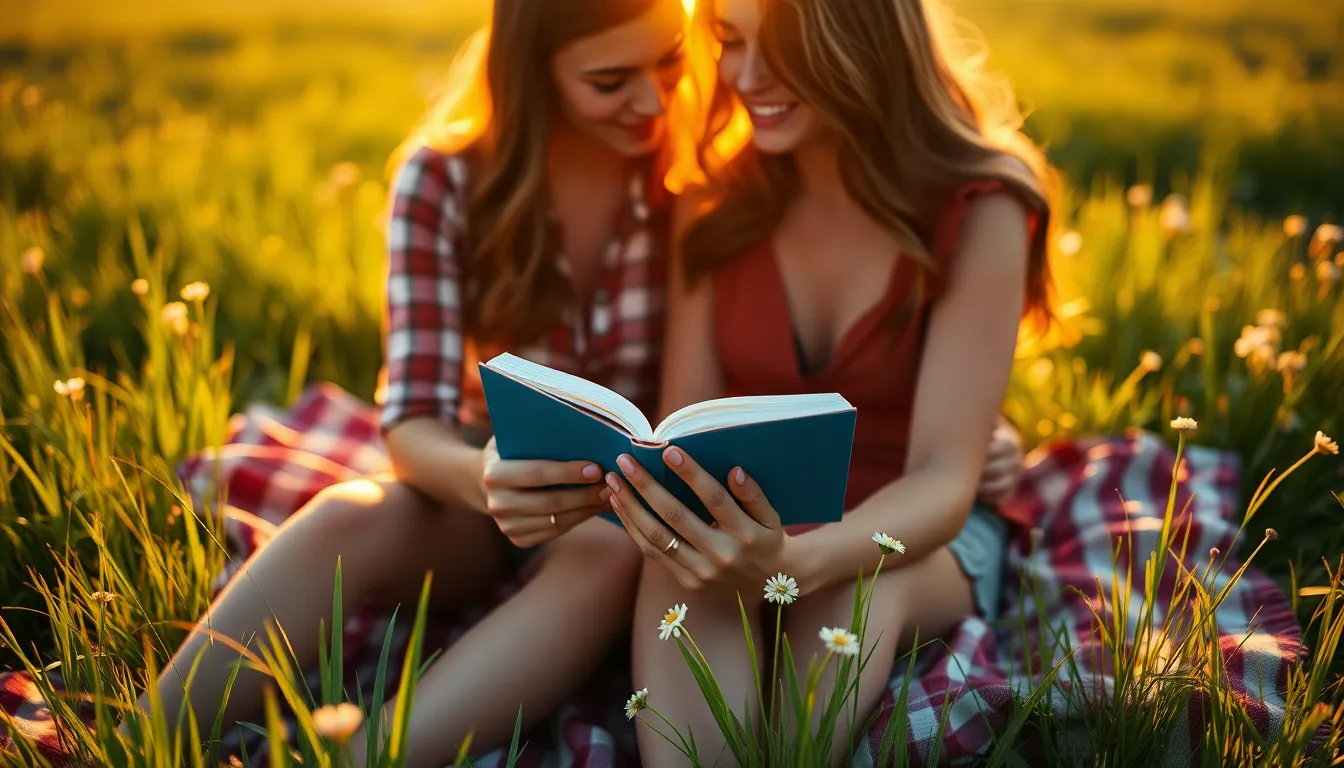 This image features a couple cozily reading a book on a blanket in a beautiful field, enveloped in the warm glow of golden hour. Their closeness is emphasized through the soft light and gentle focus on their hands, creating a serene atmosphere. Lush greenery adds to the idyllic setting, making it a perfect moment of relaxation and togetherness.