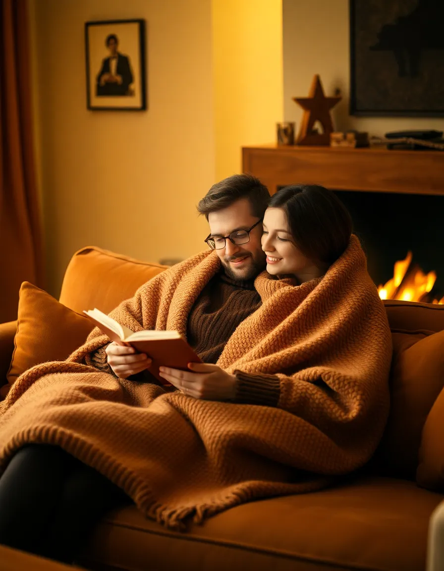 This heartwarming image depicts a couple snuggled up together on a couch, reading a book in front of a crackling fireplace. The soft glow from the fire casts a warm light across their faces, creating an intimate and cozy atmosphere. Their shared blanket and comfortable clothing emphasize the closeness of the moment. With warm yellow and brown tones dominating the scene, viewers can almost feel the warmth of the fire and the love shared between the couple as they delve into the pages of their book.