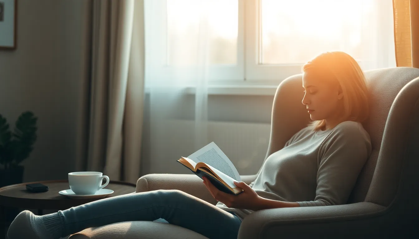 This image captures a tranquil moment of a woman deeply immersed in a book in a sunlit room. The warm light streaming through the window highlights her focused expression as she relaxes in a plush armchair, surrounded by soft pastel tones. A steaming cup of tea rests on a nearby table, enhancing the cozy atmosphere. The tactile quality of the fabric and book pages adds depth to the scene, evoking a sense of peace and comfort.
