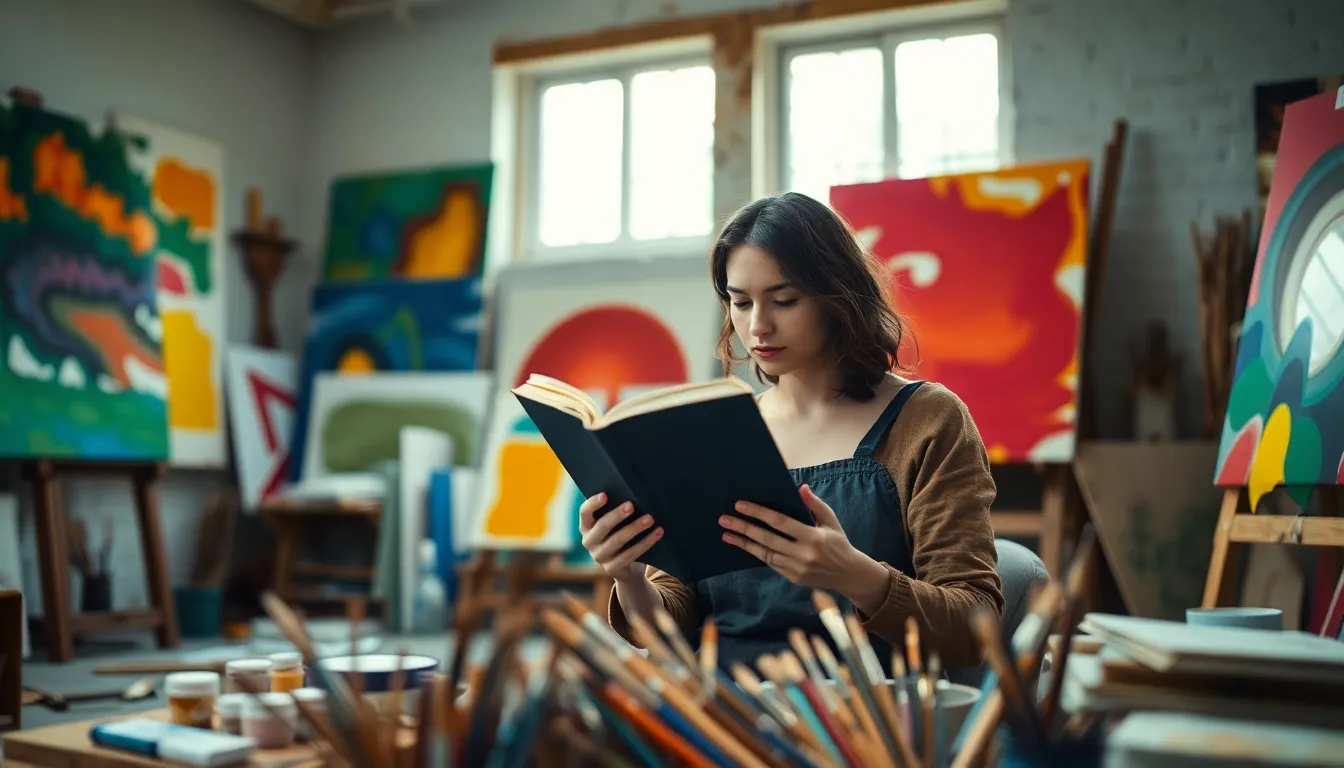 In this captivating image, an artist is seen deeply immersed in a book amidst her vibrant art studio. Soft daylight pours through large windows, enhancing the inspiring atmosphere filled with paints and canvases. The focus on her contemplative expression contrasts beautifully with the colorful background, inviting viewers to experience a moment of creativity and reflection.