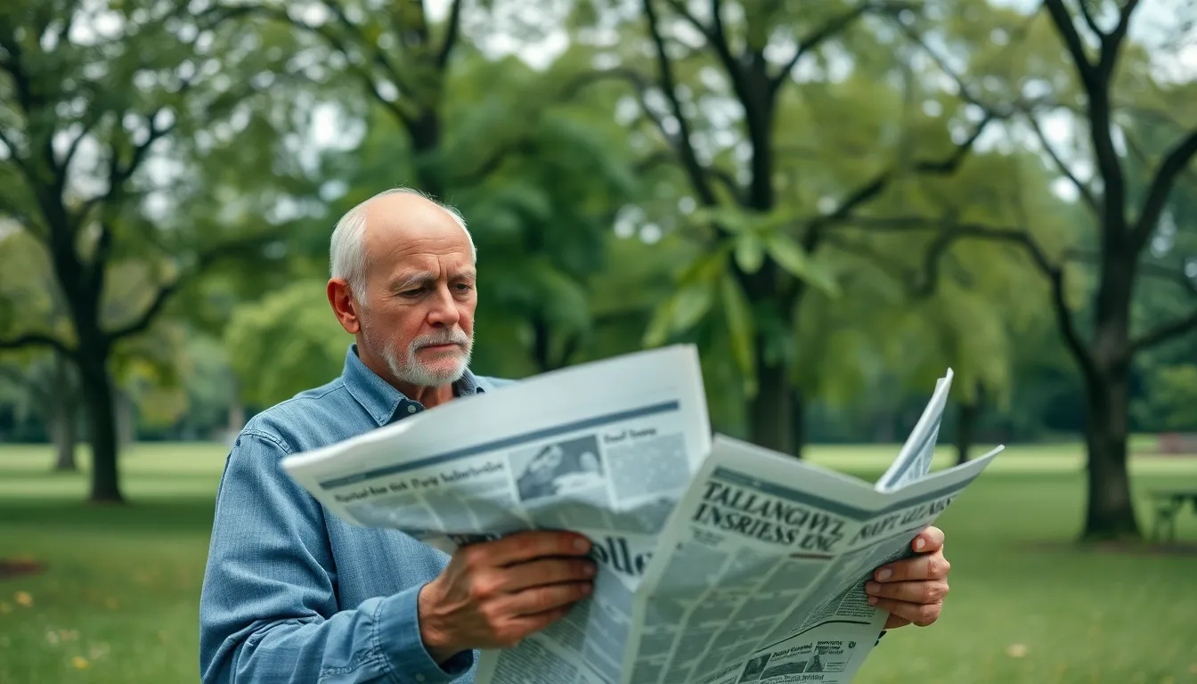 This image captures an elderly man deeply engaged in reading the newspaper in a tranquil park setting. Soft overcast light creates a serene mood, highlighting the details of his thoughtful expression and the textures of the newspaper. Surrounding greenery adds a peaceful backdrop, inviting viewers to share in this moment of leisure and reflection.