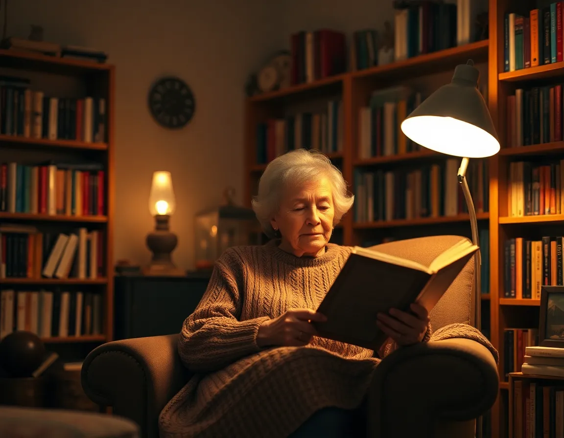 This intimate image captures an elderly woman peacefully reading a book in her warmly lit living room. The soft glow from a vintage lamp bathes the space in warmth, while the cozy textures of a knitted blanket and a plush chair invite tranquility. Surrounded by shelves of colorful books, the scene evokes a sense of nostalgia and comfort, perfect for a quiet evening escape into literature. The careful composition emphasizes the subject, inviting viewers to share in her moment of serenity.
