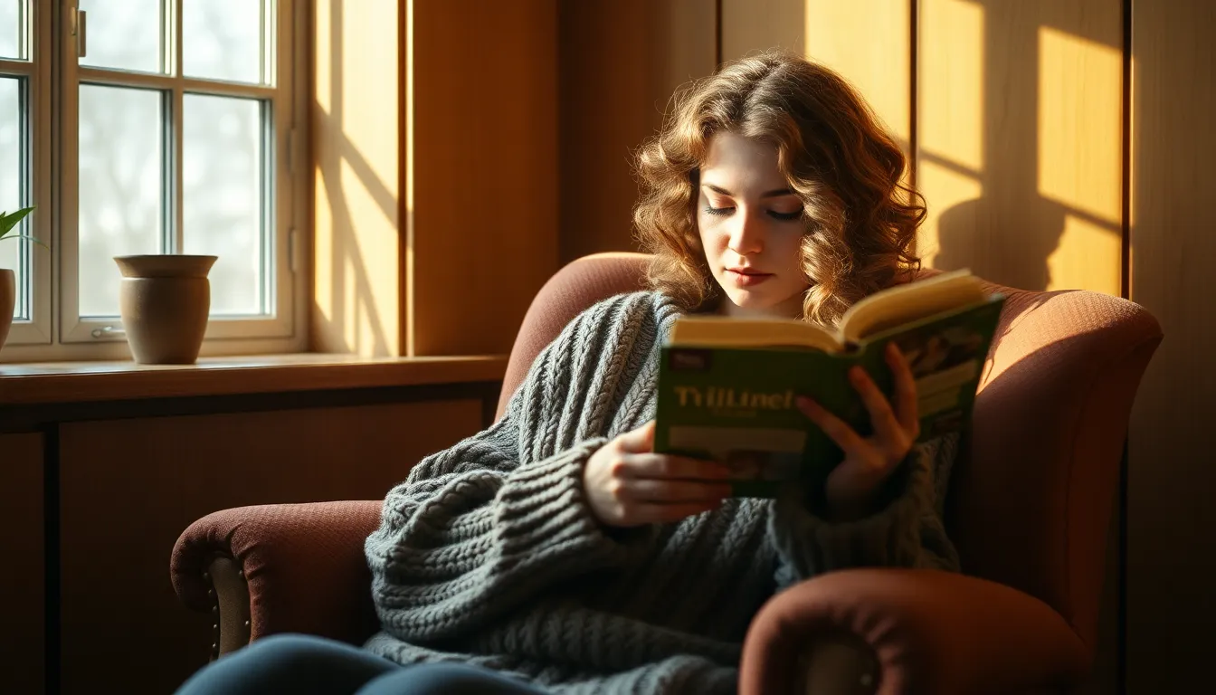 This image depicts a serene reading nook where a woman is lost in her book, seated in a vintage chair. Soft, warm daylight filters through the window, creating a peaceful atmosphere. The warm color palette enhances the inviting feel, while the shallow depth of field draws attention to her focused expression. Surrounding elements like bookshelves and indoor plants add texture and depth, making it an idyllic spot for a quiet afternoon.