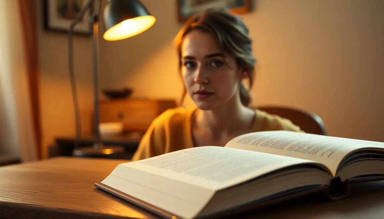 A serene reading nook illuminated by a warm desk lamp casts a cozy glow over a woman engrossed in her book. She wears a soft, knitted sweater, and sits on a plush armchair surrounded by shelves filled with books. The warm hues create a welcoming atmosphere, and the beautiful texture of the oak table adds depth to the composition. The shallow focus softly blurs the background, drawing attention to the reader's serene expression.
