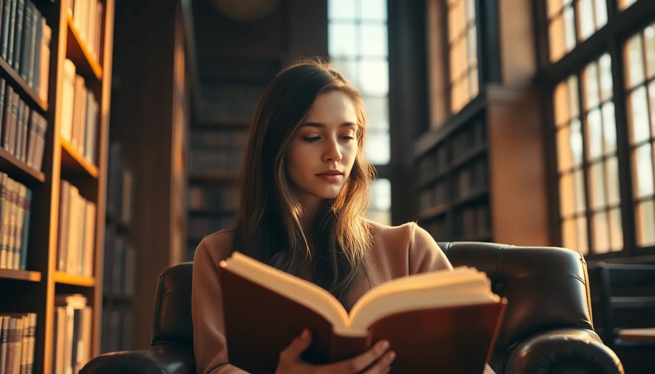 Cozy Reading in a Library A serene scene of a young woman reading a book in a classic library during golden hour. The warm, natural light bathes the space, highlighting her contemplative expression and the rich textures of the leather chair and wooden shelves. This inviting atmosphere captures the joy of reading, surrounded by the beauty of books. The soft focus in the background adds a dreamy quality to the composition, emphasizing the subject's engagement with her book.