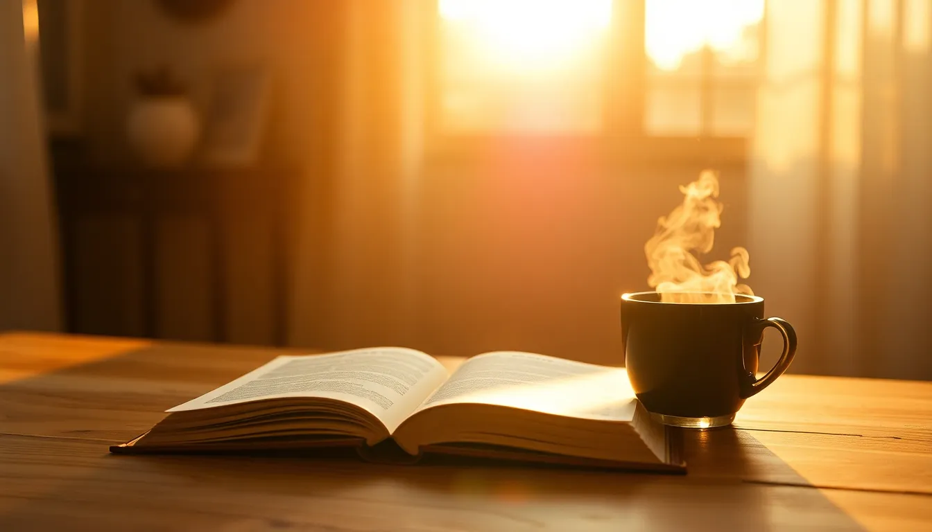 Cozy Reading Nook with Tea and Book A tranquil reading nook bathed in golden hour light. A young woman relaxes in a plush armchair, holding a steaming cup of tea while engrossed in an open book. The warm glow from the backlight highlights her soft features and enhances the cozy atmosphere. Natural textures like the grain of the wooden table and soft fabric of the chair complement the serene setting.