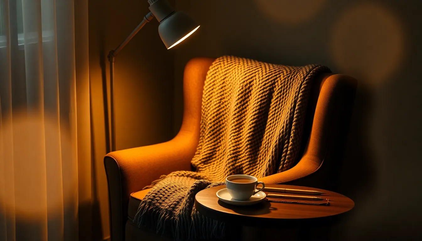 This image features a cozy reading nook, perfectly inviting for a quiet evening. A plush armchair is adorned with a warm knit blanket, with a steaming cup of tea resting on a rustic wooden side table. The warm golden hues from the lamp create an intimate atmosphere, while the soft textures of the fabric and wood invite the viewer to imagine themselves lost in a book. The shallow depth of field blurs the background, emphasizing the comfort of the scene.