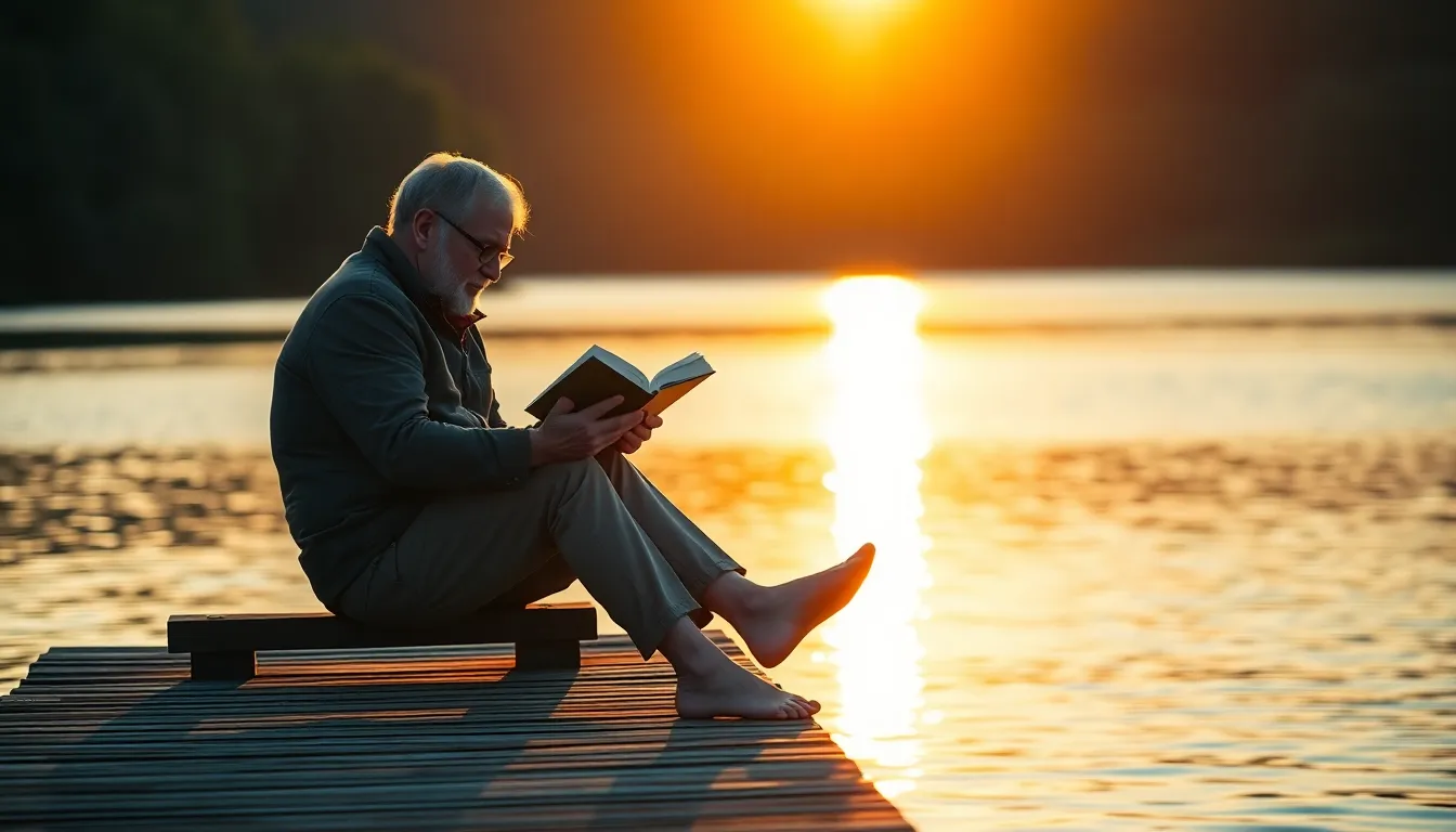 Elderly Man Reading in a Library
