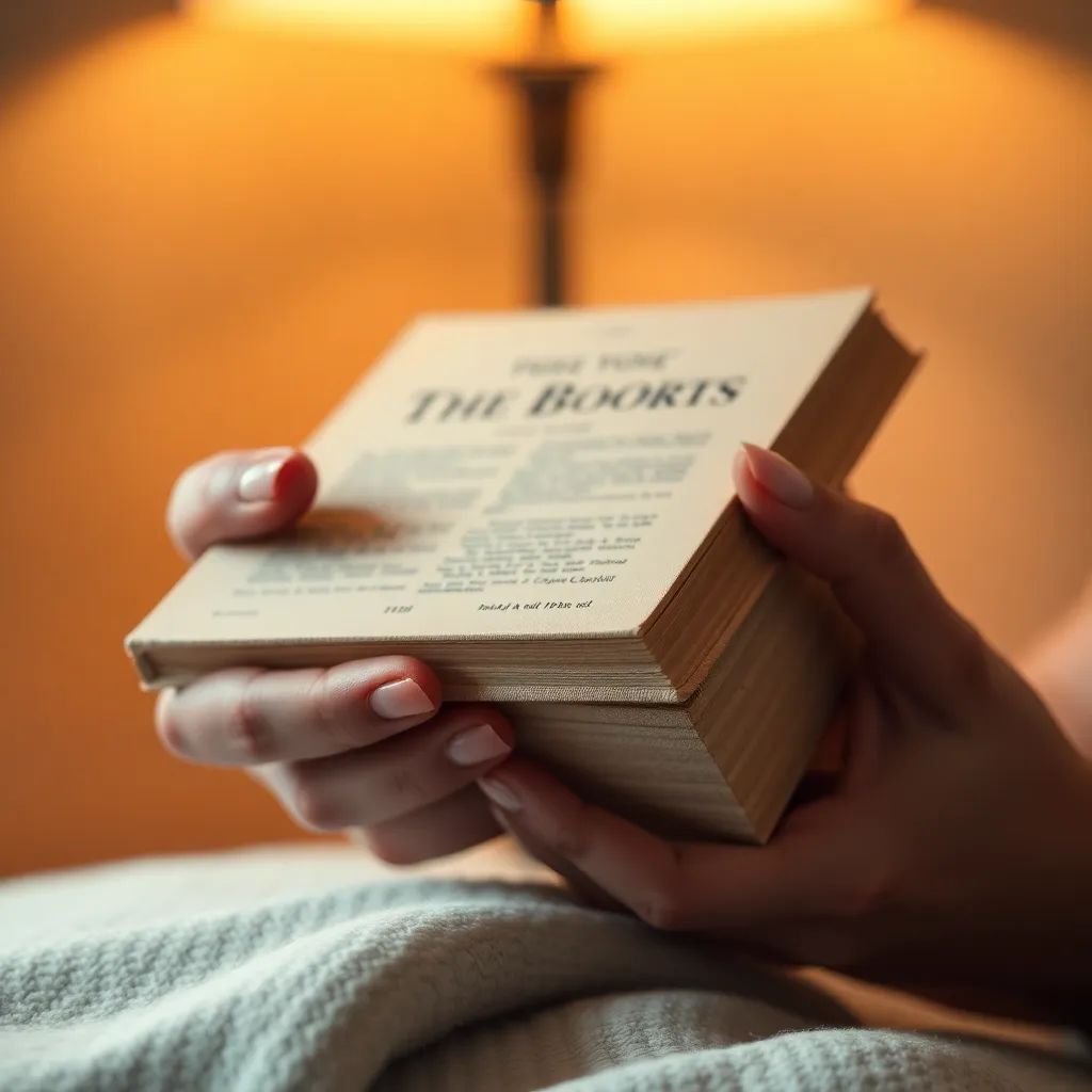 Close-Up of Hands Holding a Book A captivating close-up of a woman’s hands tenderly holding a textured hardcover book, illuminated by the warm glow of a tungsten lamp. The image emphasizes the intricate details of the book's cover and the natural skin textures. With a soft bokeh background and earth-toned colors, the scene evokes a cozy, inviting atmosphere. This photograph highlights the intimate connection between readers and their books, celebrating the tactile joy of reading.