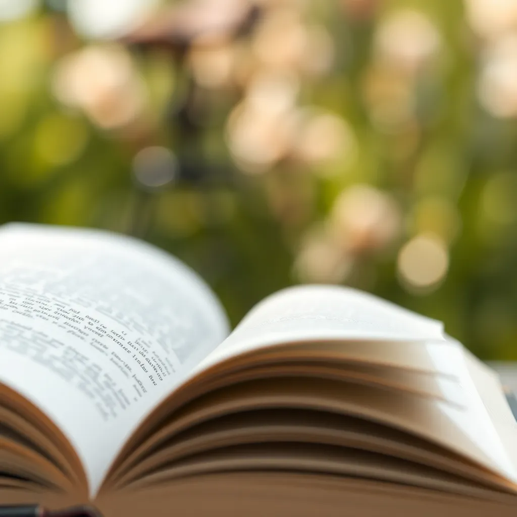 This enchanting close-up captures an open book with delicate pages turning in a gentle breeze, framed against a soft natural backdrop. Soft daylight highlights the textures of the paper, creating a serene ambiance. Pastel colors enhance the tranquil mood, inviting viewers to appreciate the beauty of literature. The composition allows negative space to accentuate the book, creating depth with a beautifully blurred garden background.