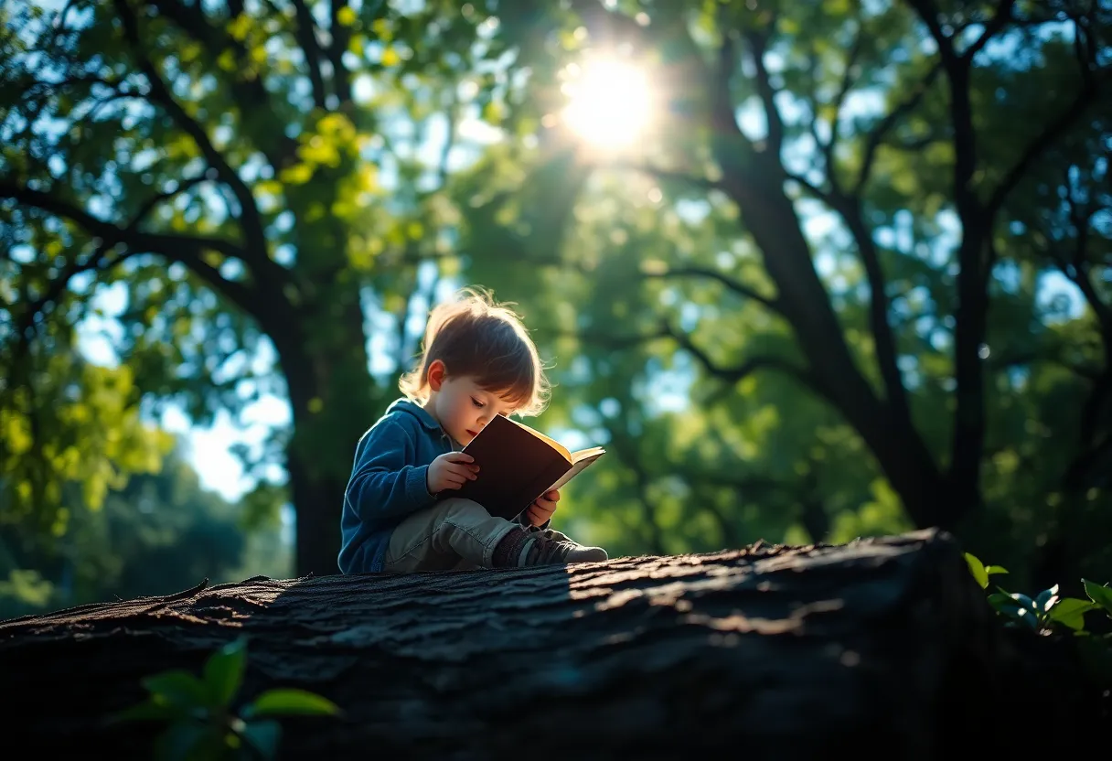 A child sits on a log in a lush forest, captivated by the pages of a colorful storybook. Dappled sunlight filters through the treetops, creating enchanting bokeh highlights that add to the magic of the moment. The macro detail captures the rich texture of the bark and leaves that frame the child, while the vibrant color palette enhances the lushness of the surrounding nature. The leading lines of tree trunks guide the viewer's gaze toward the child, emphasizing the intimate connection between reading and the natural world.
