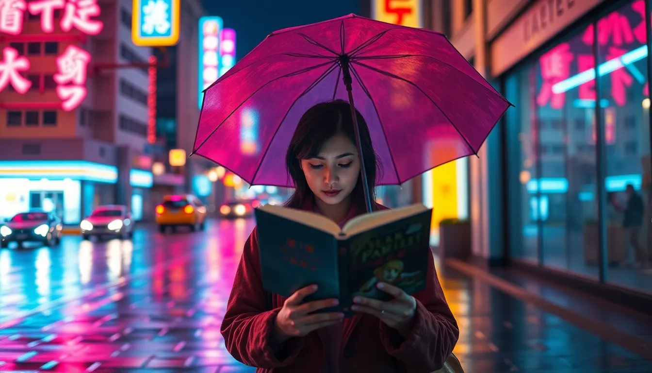 On a rainy urban street, a person with a vibrant umbrella reads a book, illuminated by the glow of neon signage. The reflections on the wet pavement enhance the scene's dynamic quality, while a cinematic teal and orange color grading creates a striking visual contrast. This image showcases a unique blend of urban life and the serene act of reading, inviting viewers to appreciate the beauty in everyday moments.