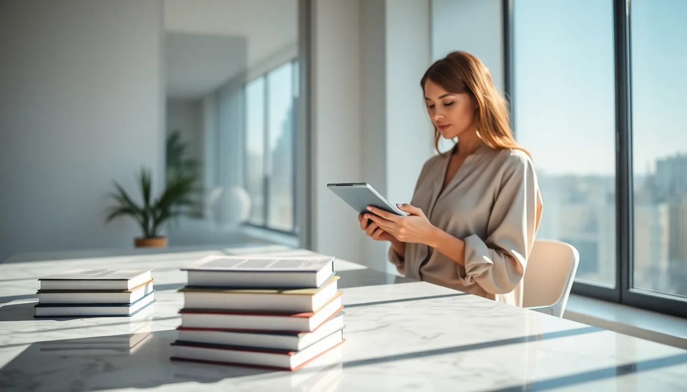 A contemporary workspace radiates with soft morning light, illuminating a beautifully arranged stack of books on a sleek marble desk. A woman, styled in a chic silky blouse, is absorbed in her tablet, reflecting the surrounding urban skyline in the glass window behind her. This dynamic image captures the essence of modern work and reading environments, promoting productivity and inspiration.