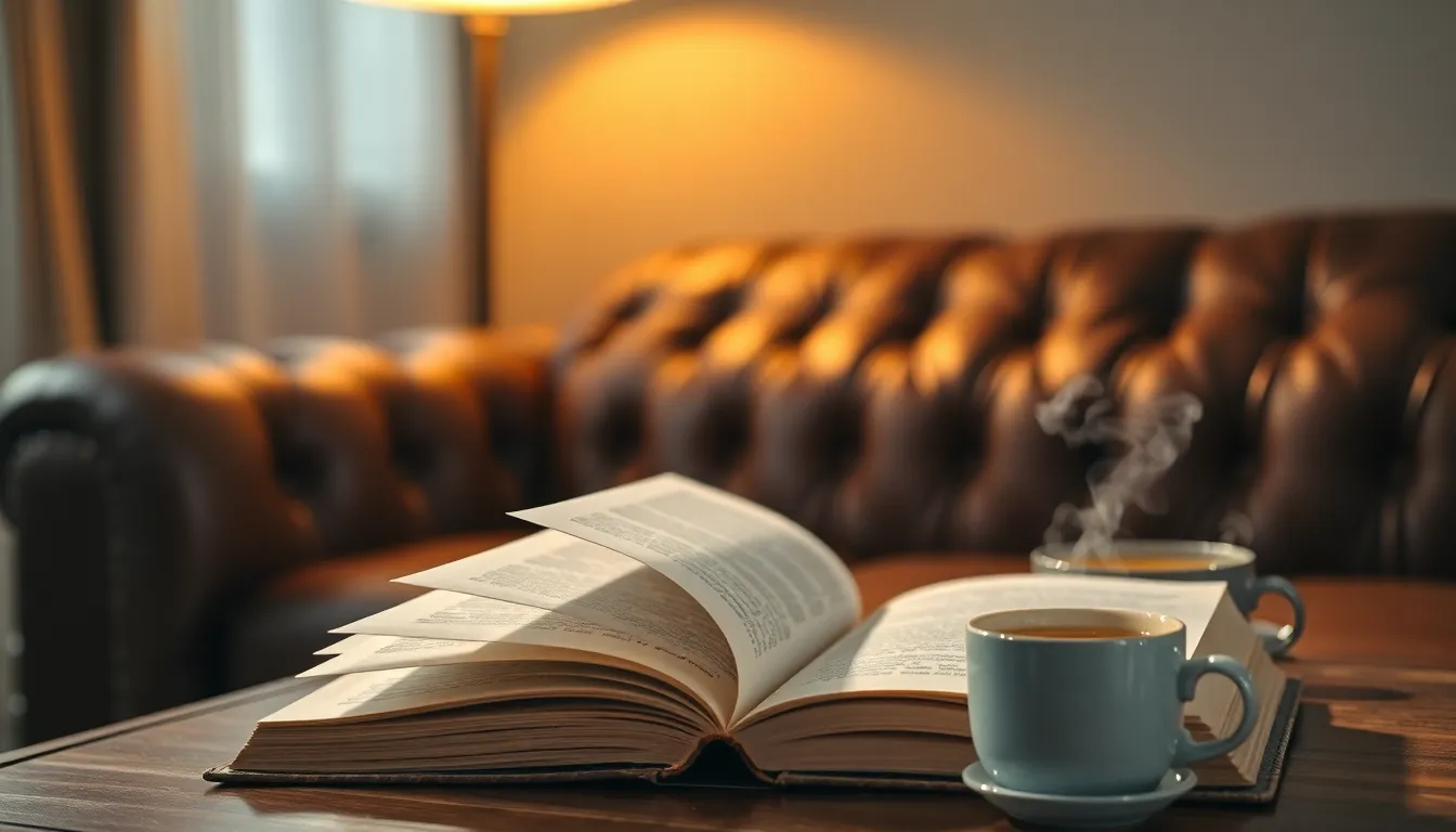 A close-up view of an open book with hauntingly beautiful pages on a luxurious leather coffee table, complemented by a steaming cup of tea beside it. The warm glow from a desk lamp casts a cozy ambiance, inviting readers into a moment of relaxation. The selective focus highlights the intricate details of the book, while a soft bokeh frames the background, ensuring the composition radiates warmth and tranquility.
